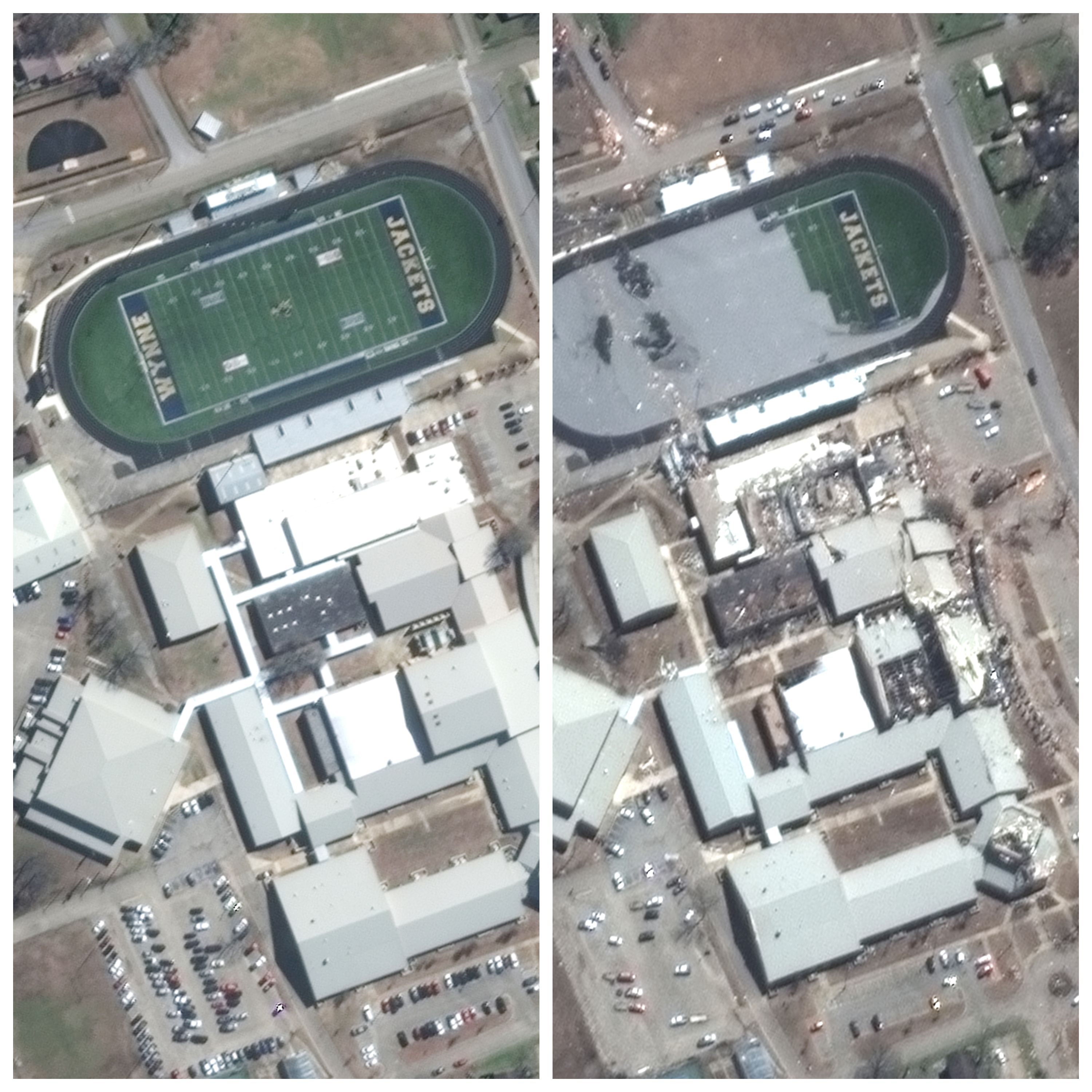 Satellite images of Wynne High School in Wynne, Arkansas, where four people died in a tornado on Friday, before and after the tornado hitting.