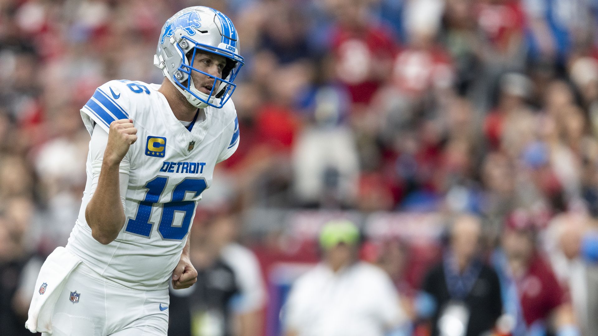 Lions quarterback Jared Goff celebrates after a touchdown last week against the Arizona Cardinals.