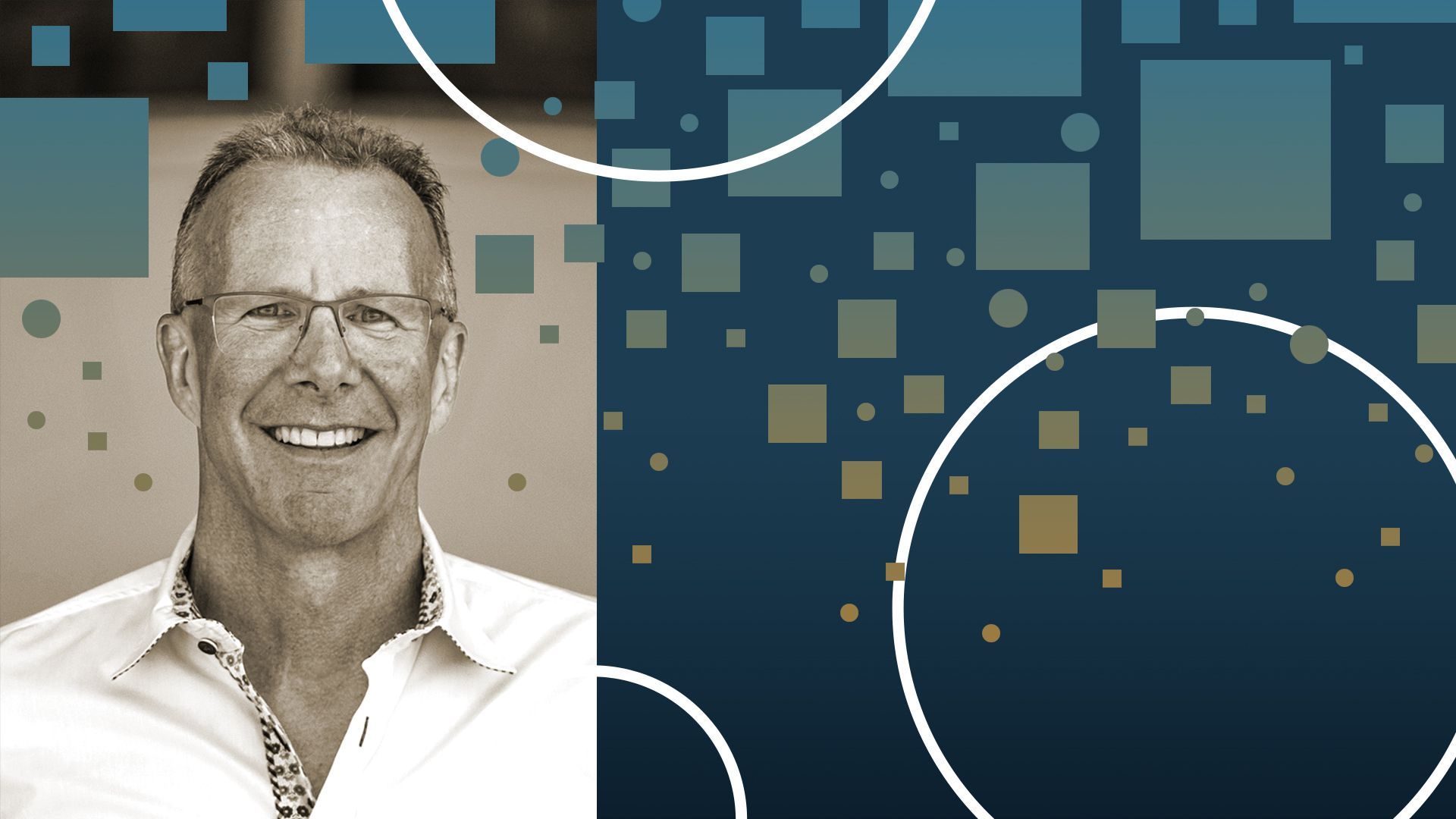 Photo illustration of Adam Grosser, chairman and managing partners of Up Partners, with abstract shapes.