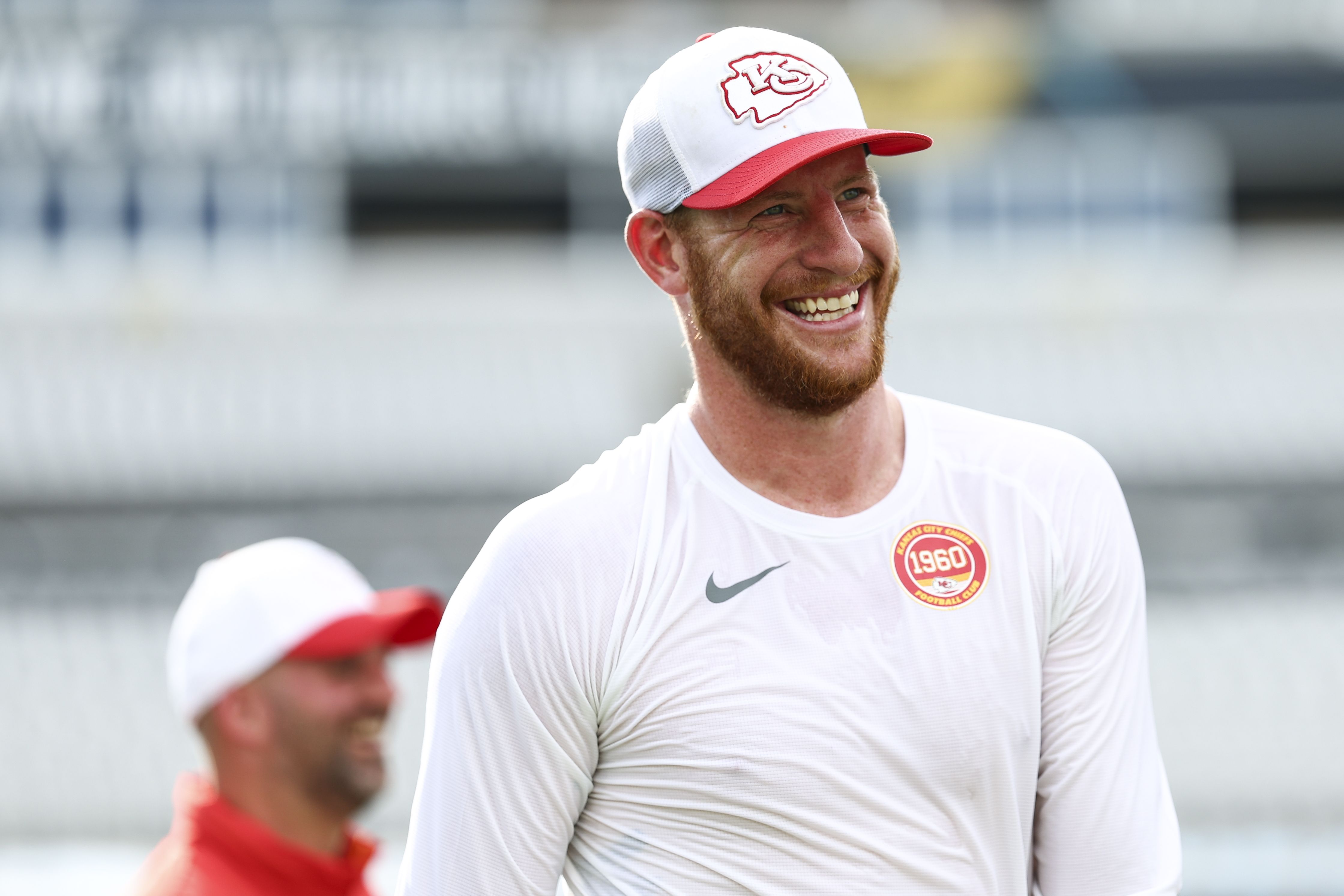 Carson Wentz #11 of the Kansas City Chiefs smiles prior to an NFL preseason football game against the Jacksonville Jaguars at EverBank Stadium on August 10, 2024 in Jacksonville, Florida. (Photo by Kevin Sabitus/Getty Images)