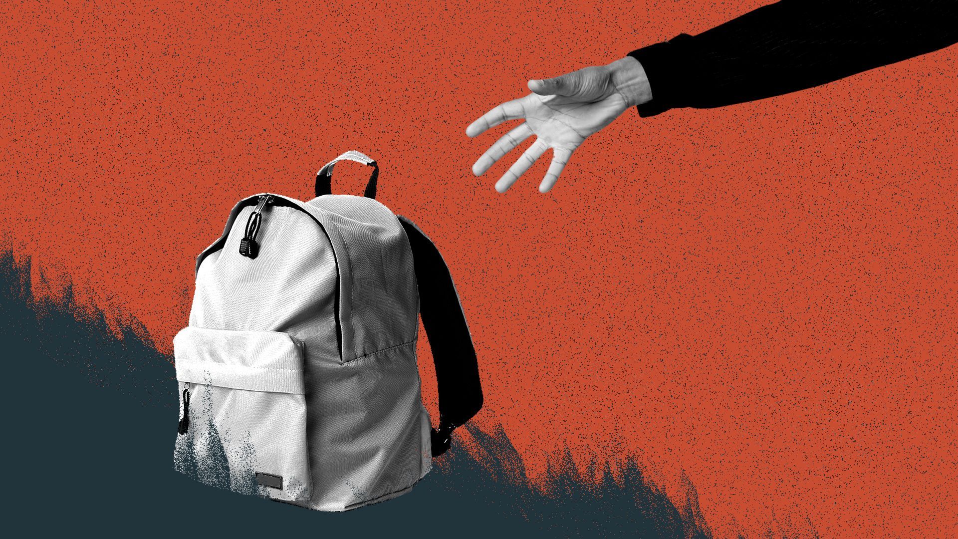 Illustration of a hand reaching out to grab a backpack, over an abstracted background of fire and dust.