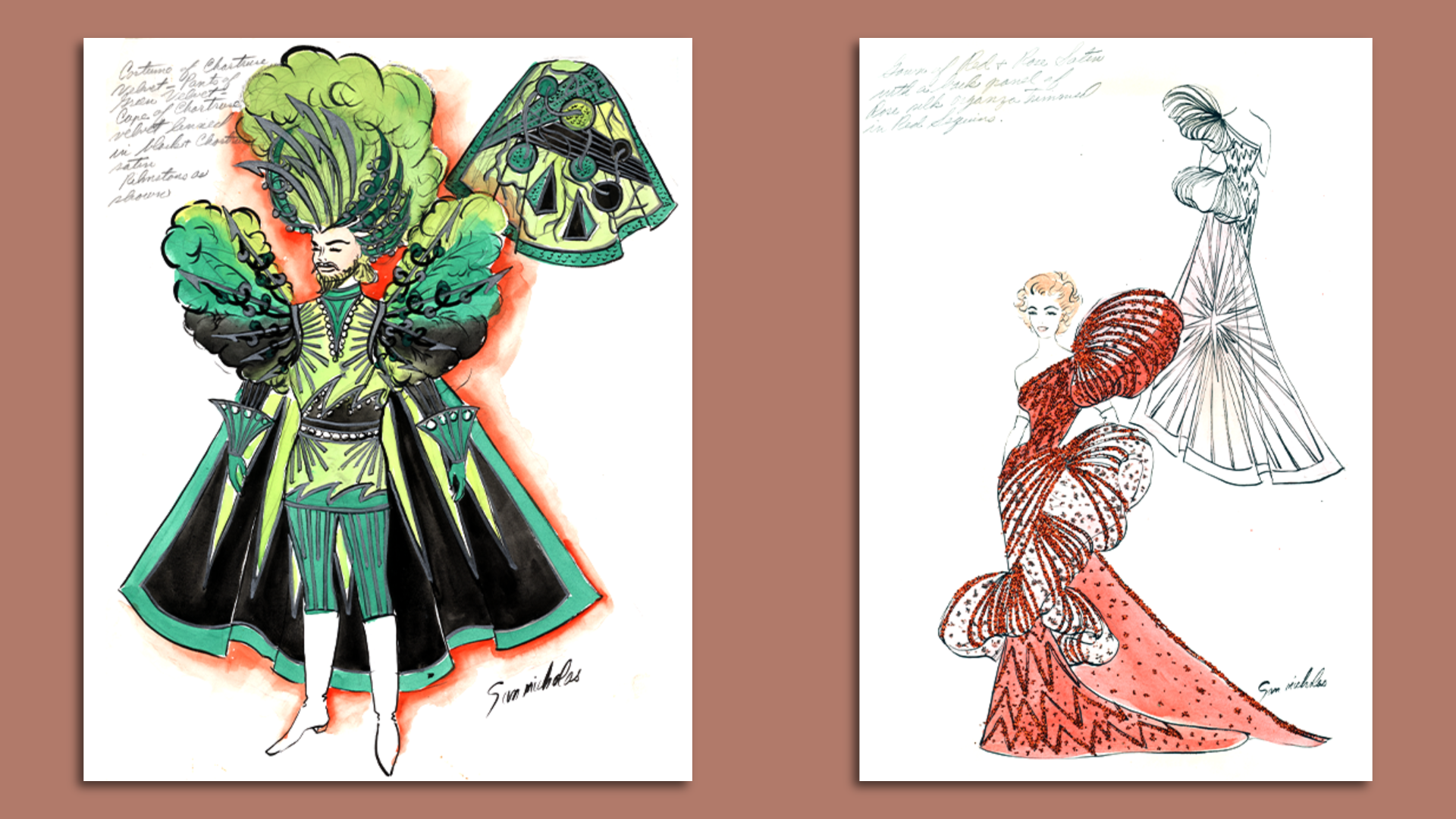 Watercolors by San Nicholas show a pair of Carnival costume designs, side by side. On the left is a man's design, with a green plumed hat and cape, and on the right is a woman's gown, with red feathers and a long train.
