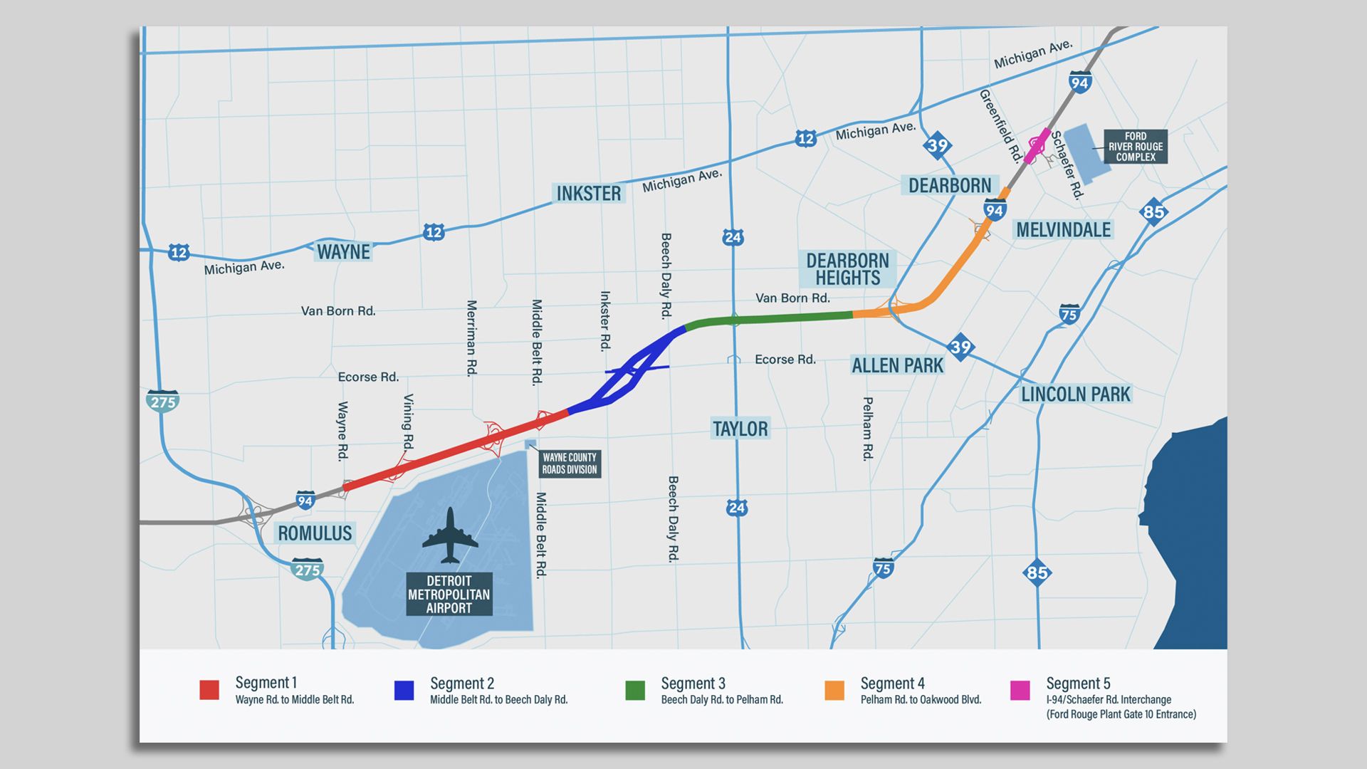 A map of MDOT's I-94 construction project, stretching from Romulus to Dearborn.