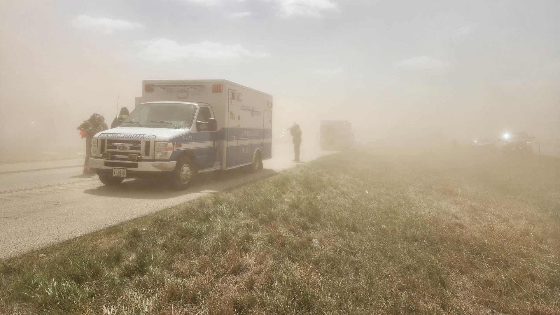 Ambulances and first responders on I-55 during a major dust storm on May 1.