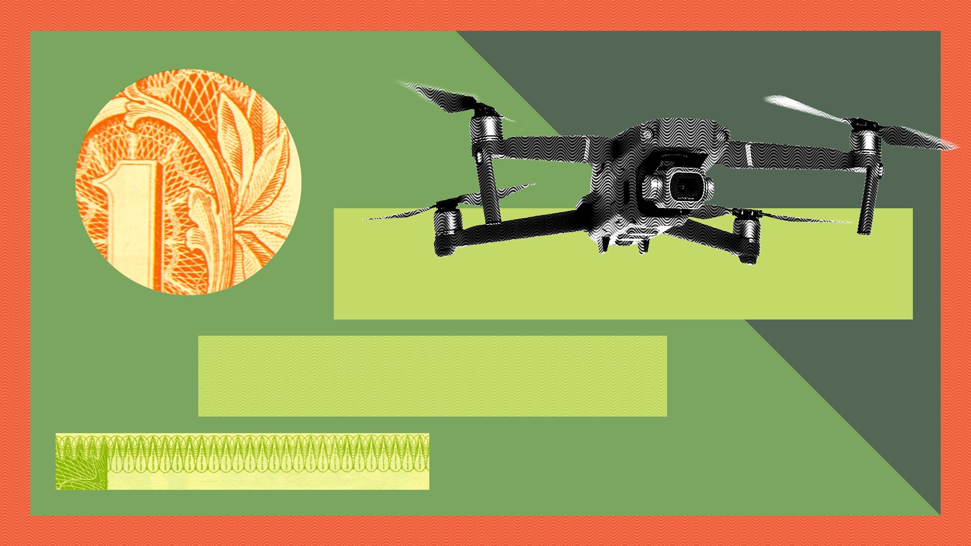 Illustration of a drone with abstract shapes and pieces of money.