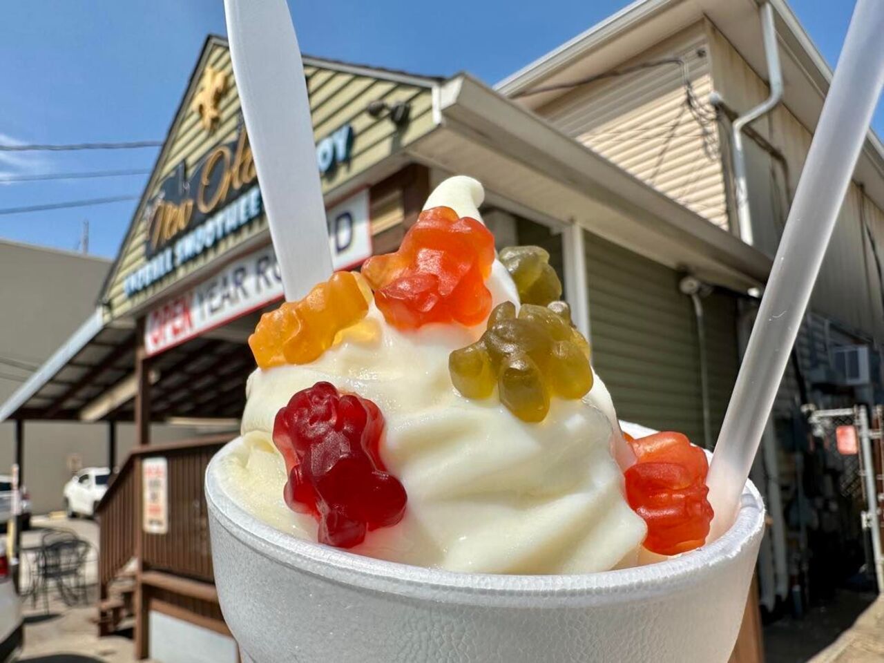Photo shows a snoball topped in ice cream and gummy bears
