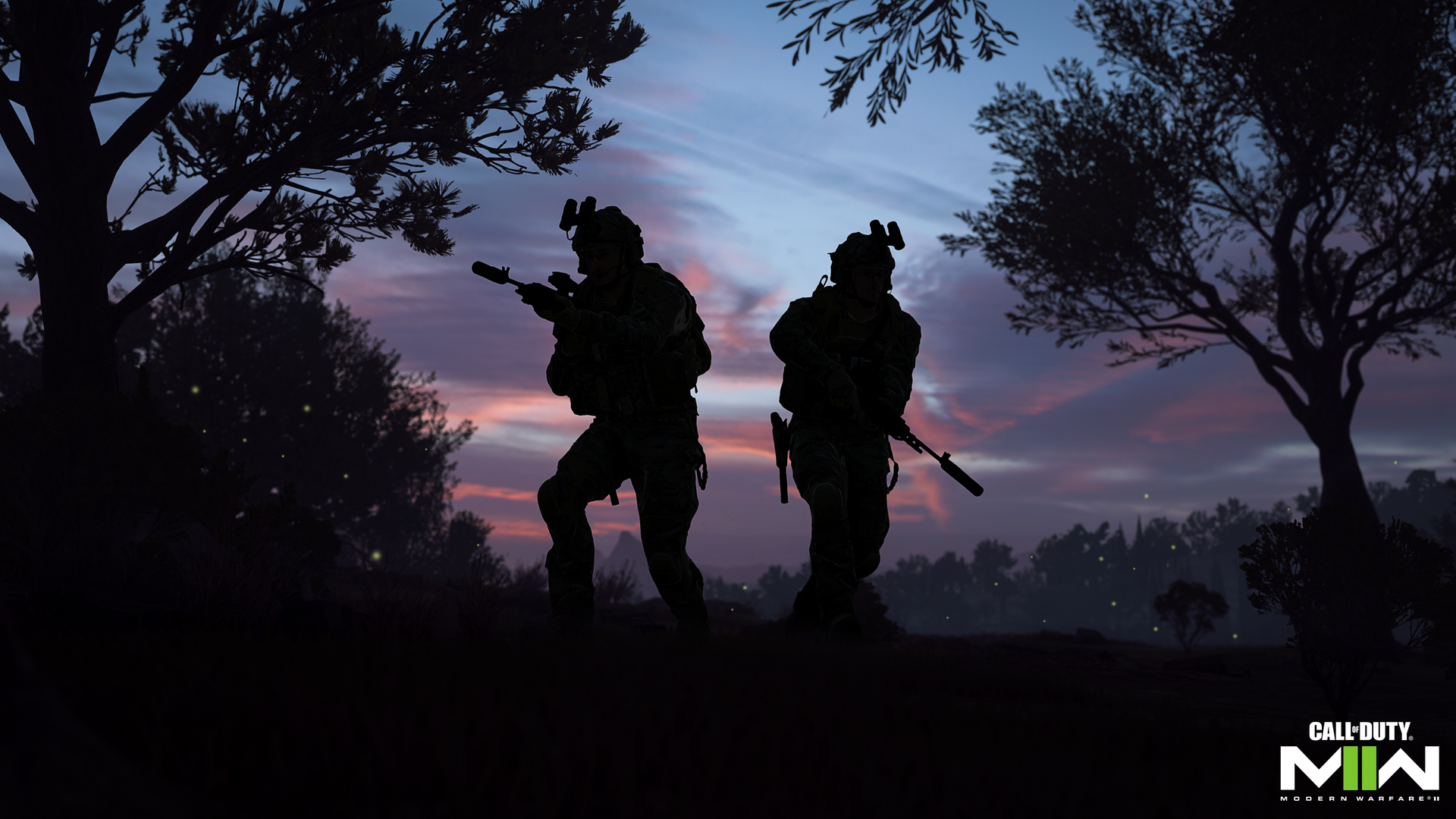 Video game screenshot of two soldiers at dusk