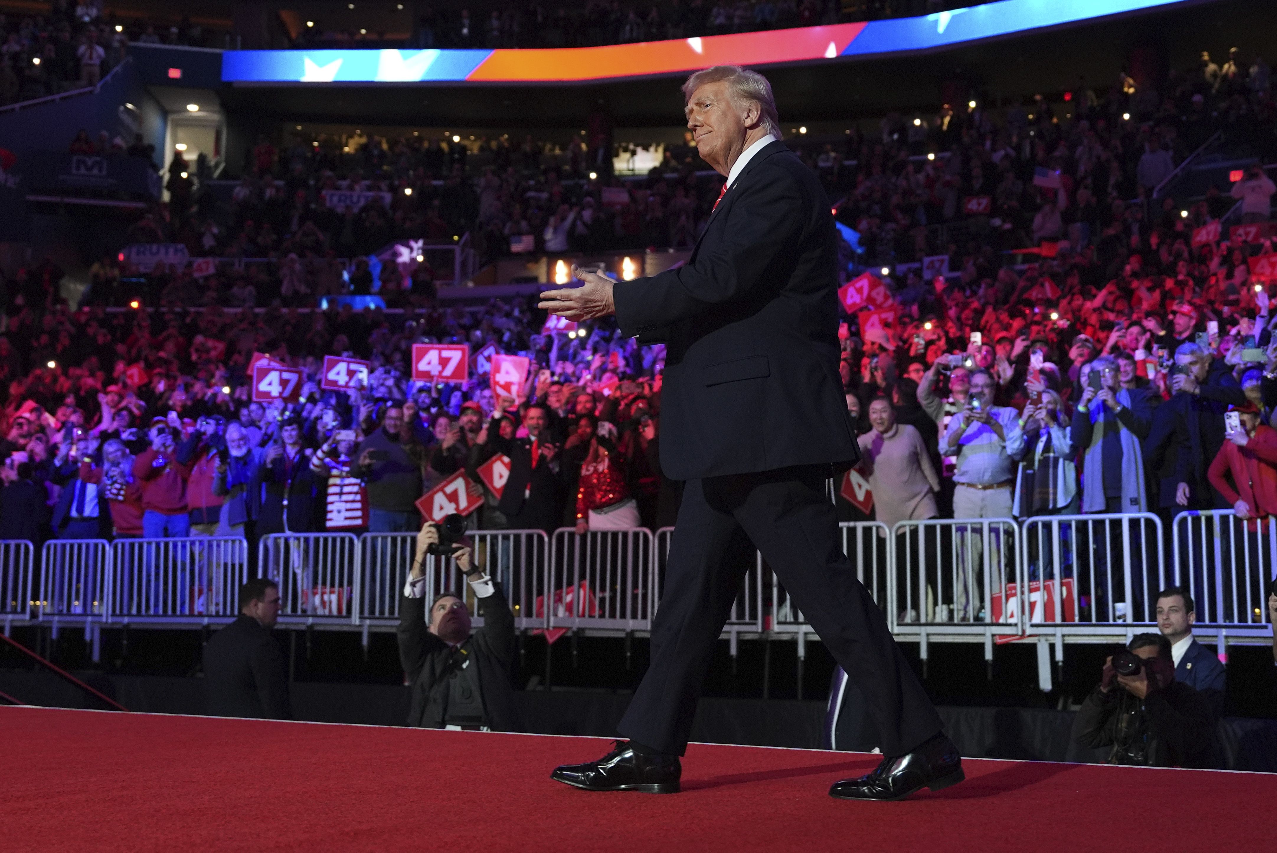 President-elect Donald Trump arrives at a rally ahead of the 60th Presidential Inauguration, Sunday, Jan. 19, 2025, in Washington. (AP Photo/Evan Vucci)