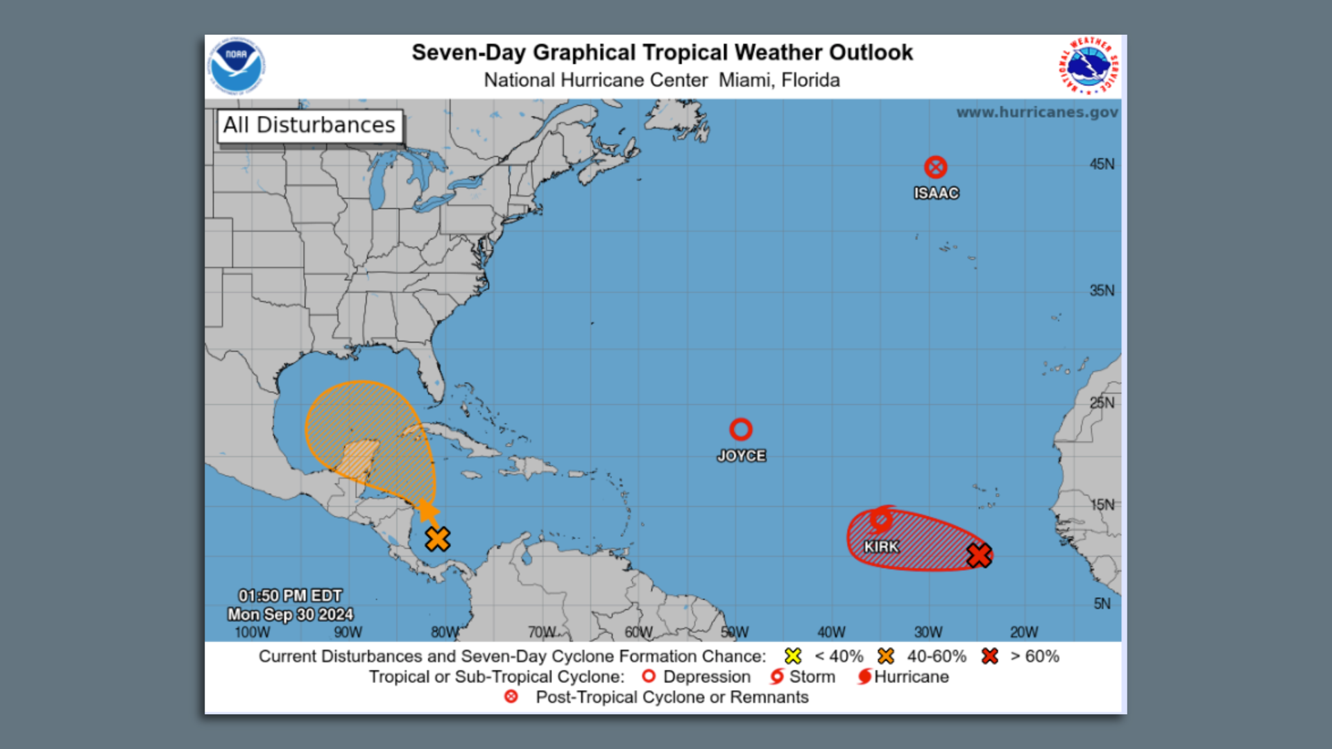 A National Hurricane Center forecast shows Disturbance 1 over the southwestern Caribbean Sea