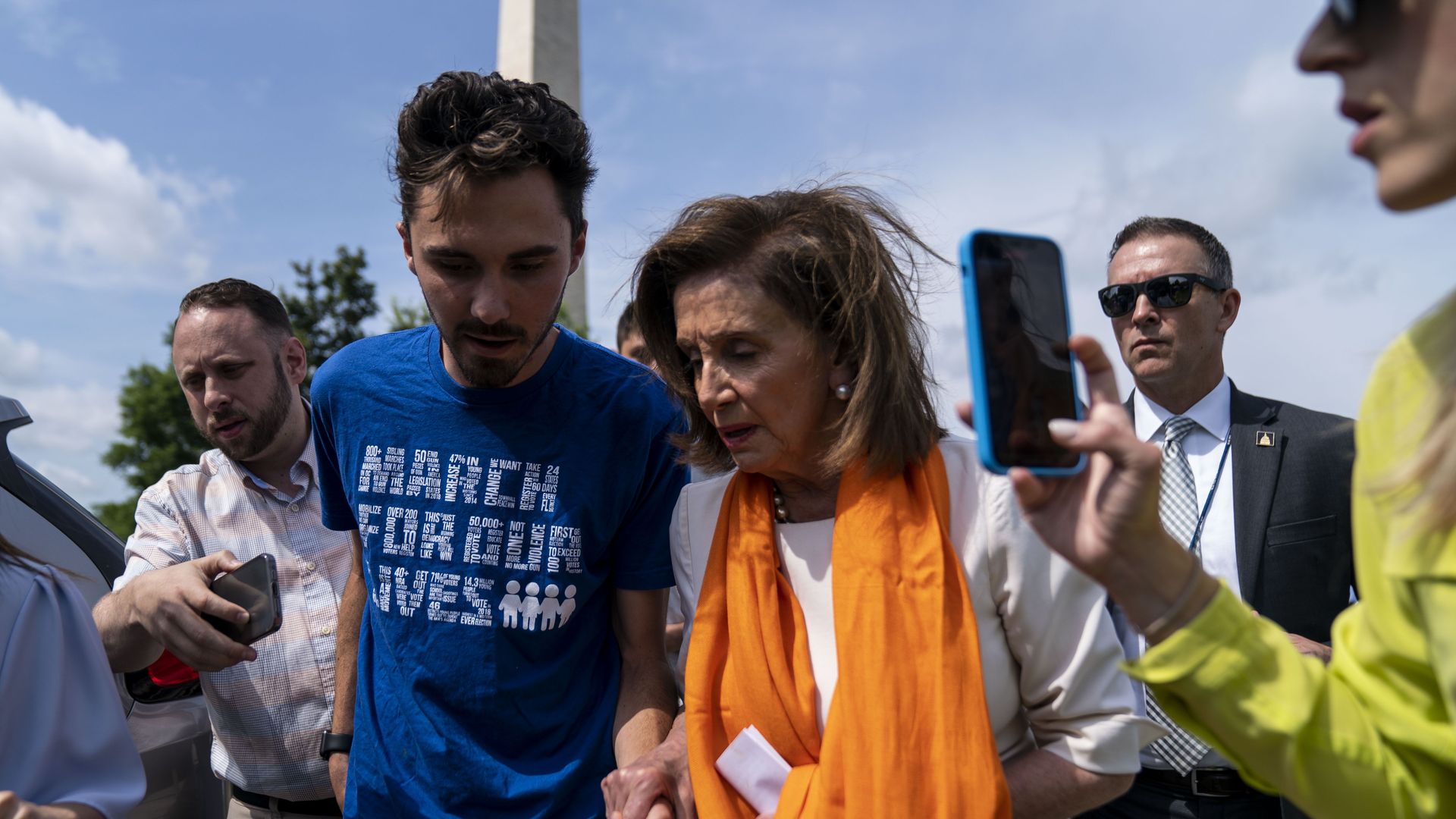Speaker Pelosi talks with David Hogg in Washington yesterday. 