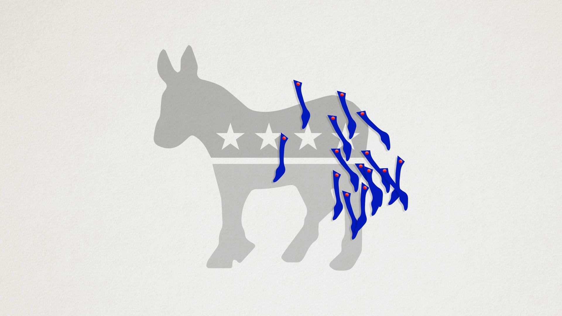 An illustration of a Democratic donkey with multiple tails pinned on the back.