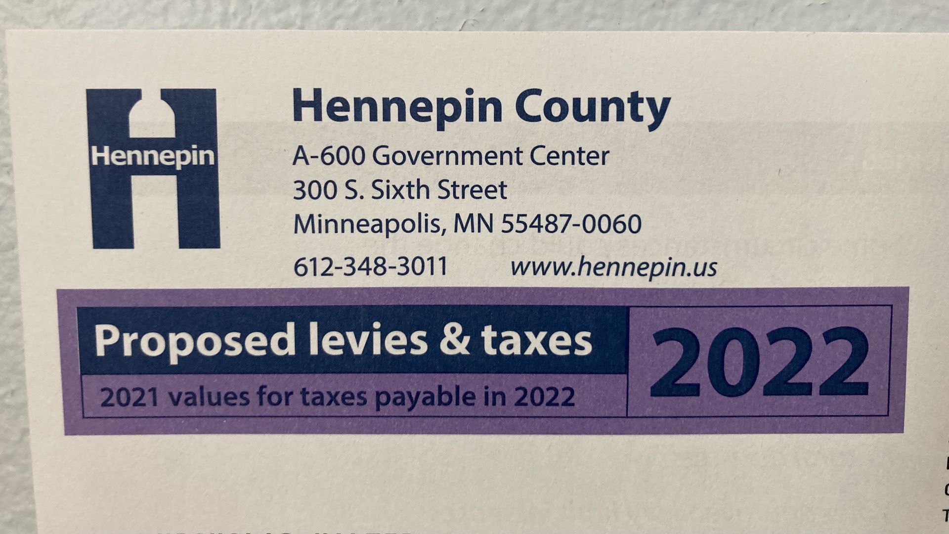 A property tax notice from Hennepin County