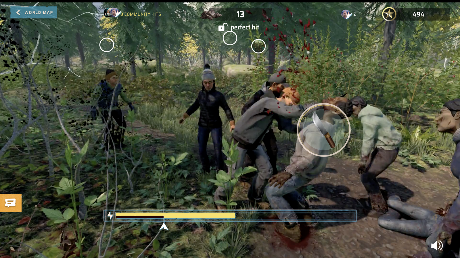 Video game screenshot showing human survivors fending off zombies with knives. Icons indicate multiple players are controlling the action