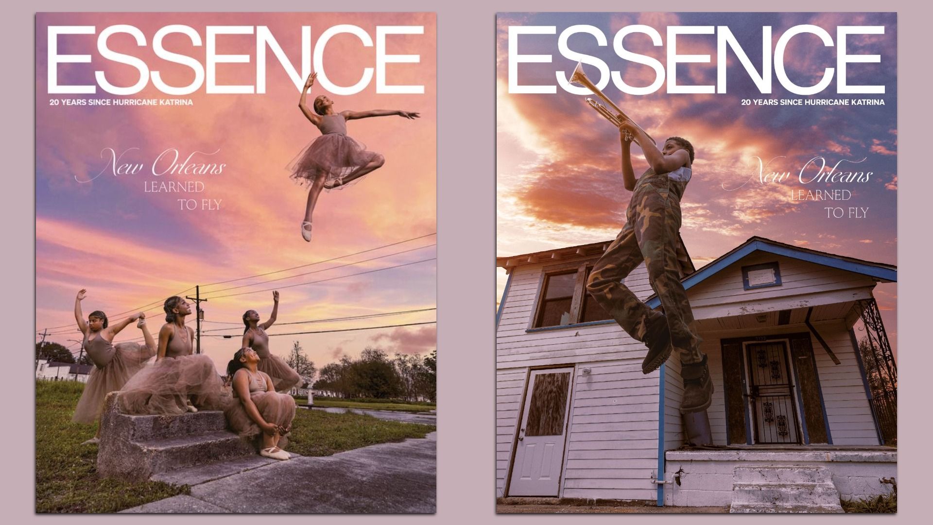 Two side-by-side images of Essence magazine covers, taken at sunset.