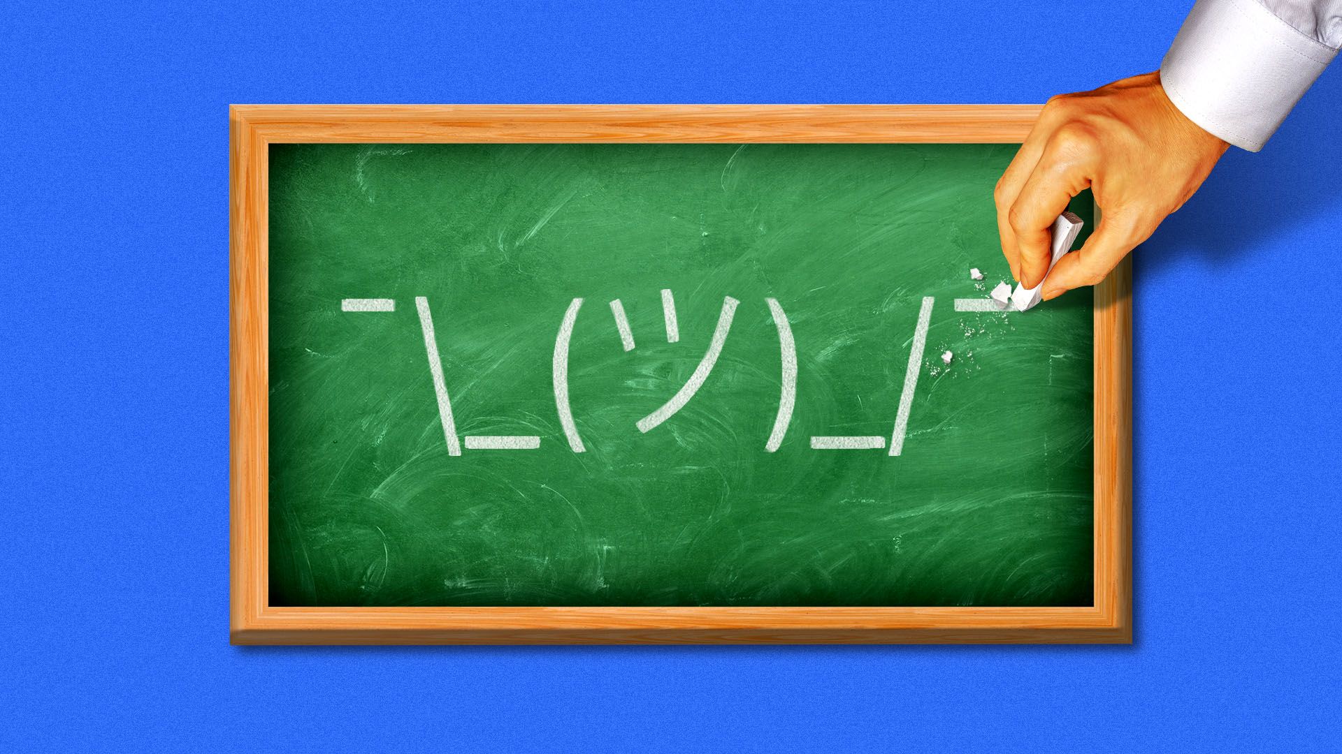 Illustration of a hand holding white chalk erasing the shrug emoticon ¯\_(ツ)_/¯ drawn on a green chalkboard with a blue background.