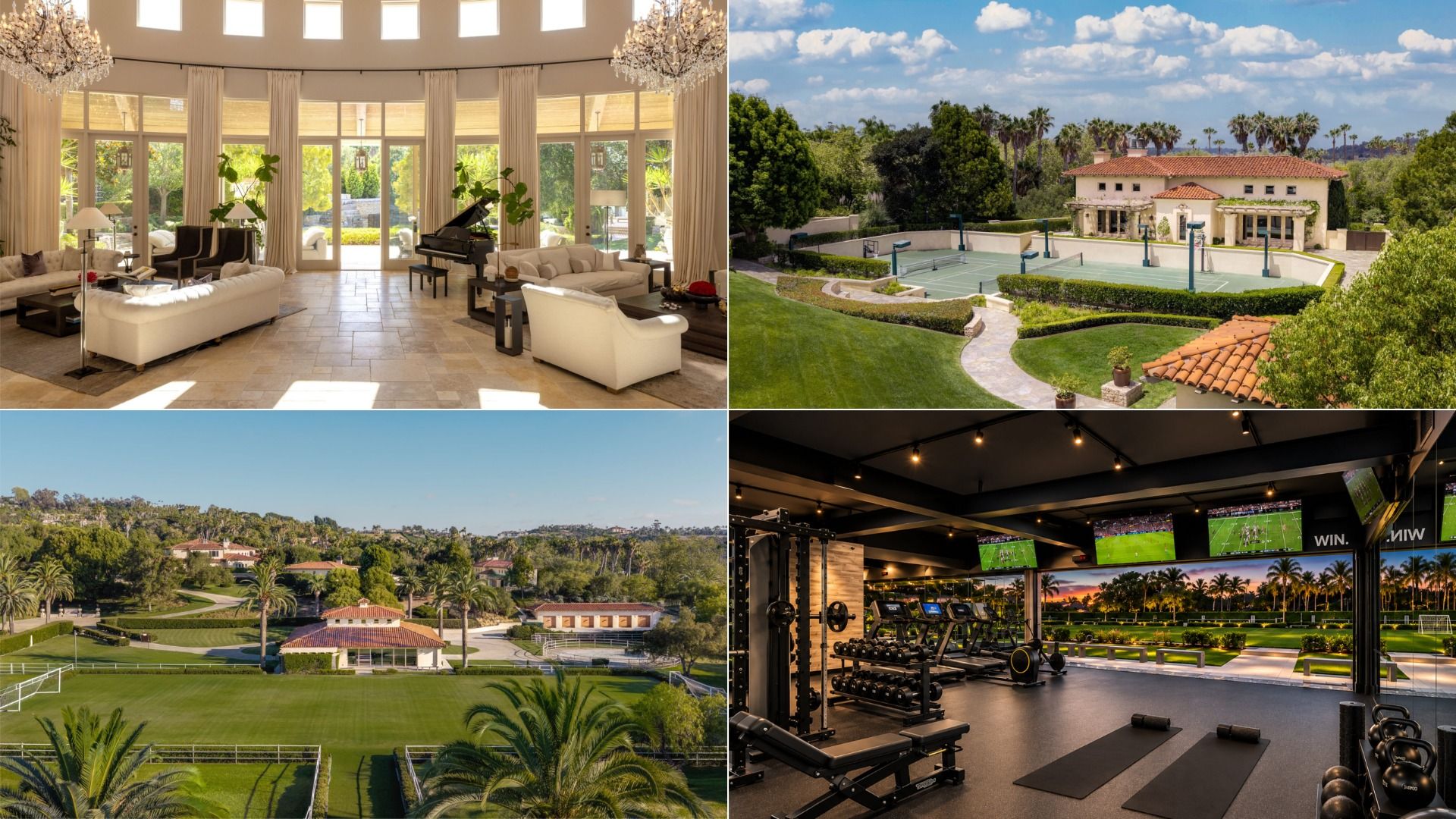 Collage of a luxury estate: bright living room with chandeliers and a grand piano; villa with tennis court; expansive lawns with palm trees; gym featuring weights and multiple TVs.