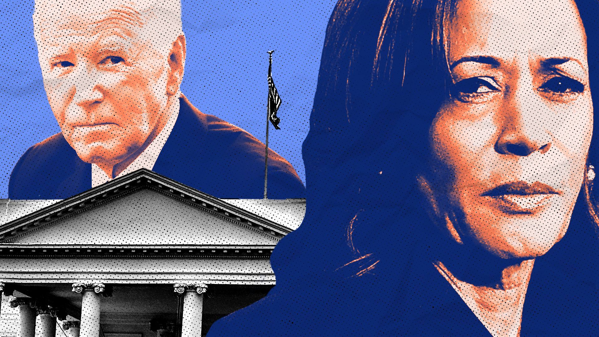 Photo illustration of a collage featuring the White House and Joe Biden and Kamala Harris, facing away from but looking toward each other.