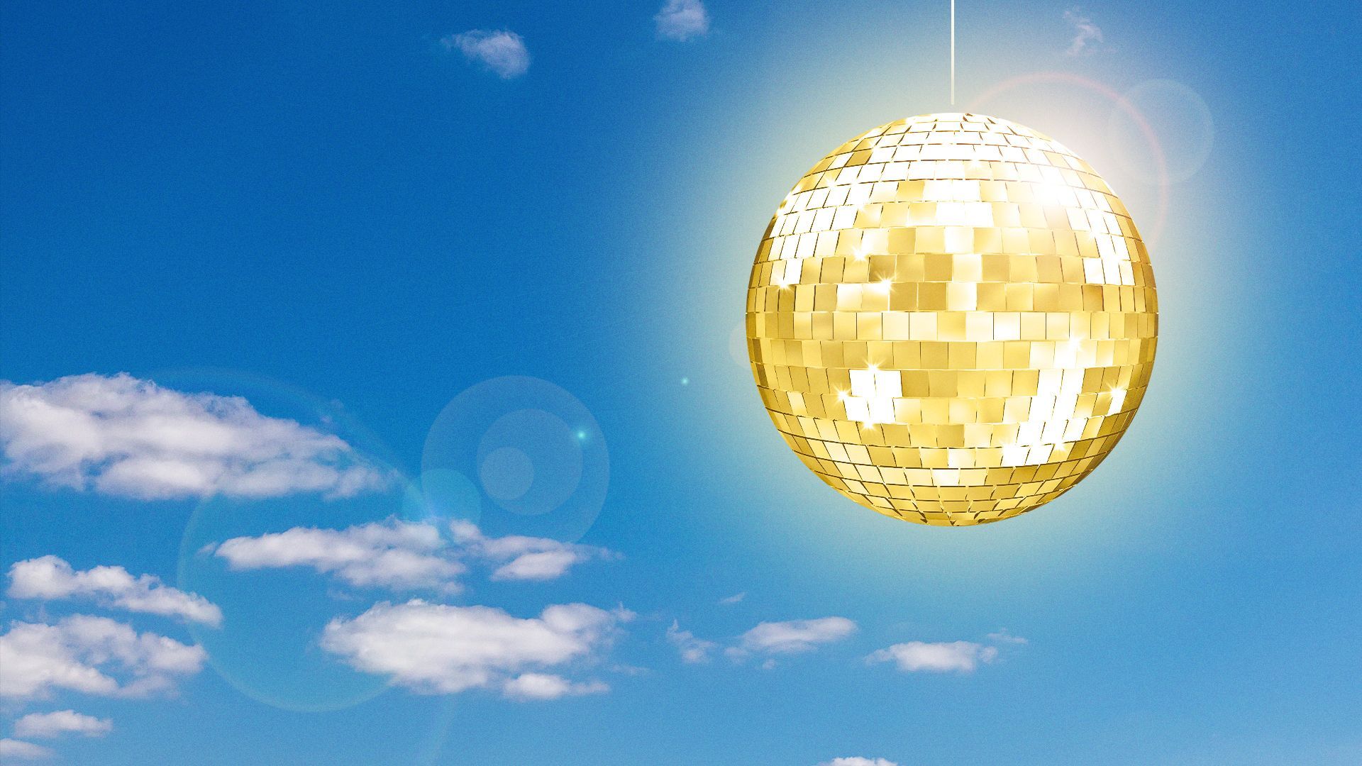Illustration of a disco ball in the sky, shining like the sun.