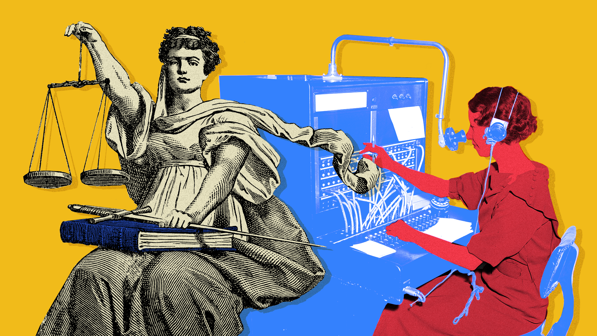 Photo collage of a woman at a switchboard and a woodcut of Lady Justice.
