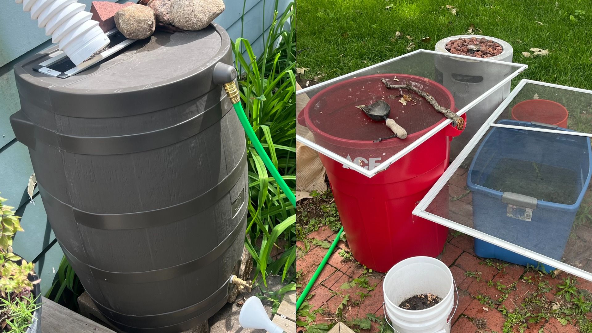 Two-panel outdoor scene: left shows a dark gray rain barrel with a green hose attached to its spigot and rocks on top beside a blue wall; right shows a red bin with a clear lid, a branch and shovel on top, and a blue tote nearby on a brick patio.
