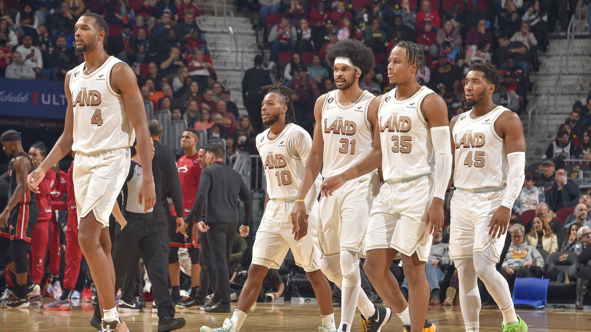 The Cleveland Cavaliers 2022-2023 starting lineup, from L-R: Evan Mobley, Darius Garland, Jarrett Allen, Isaac Okoro, Donovan Mitchell