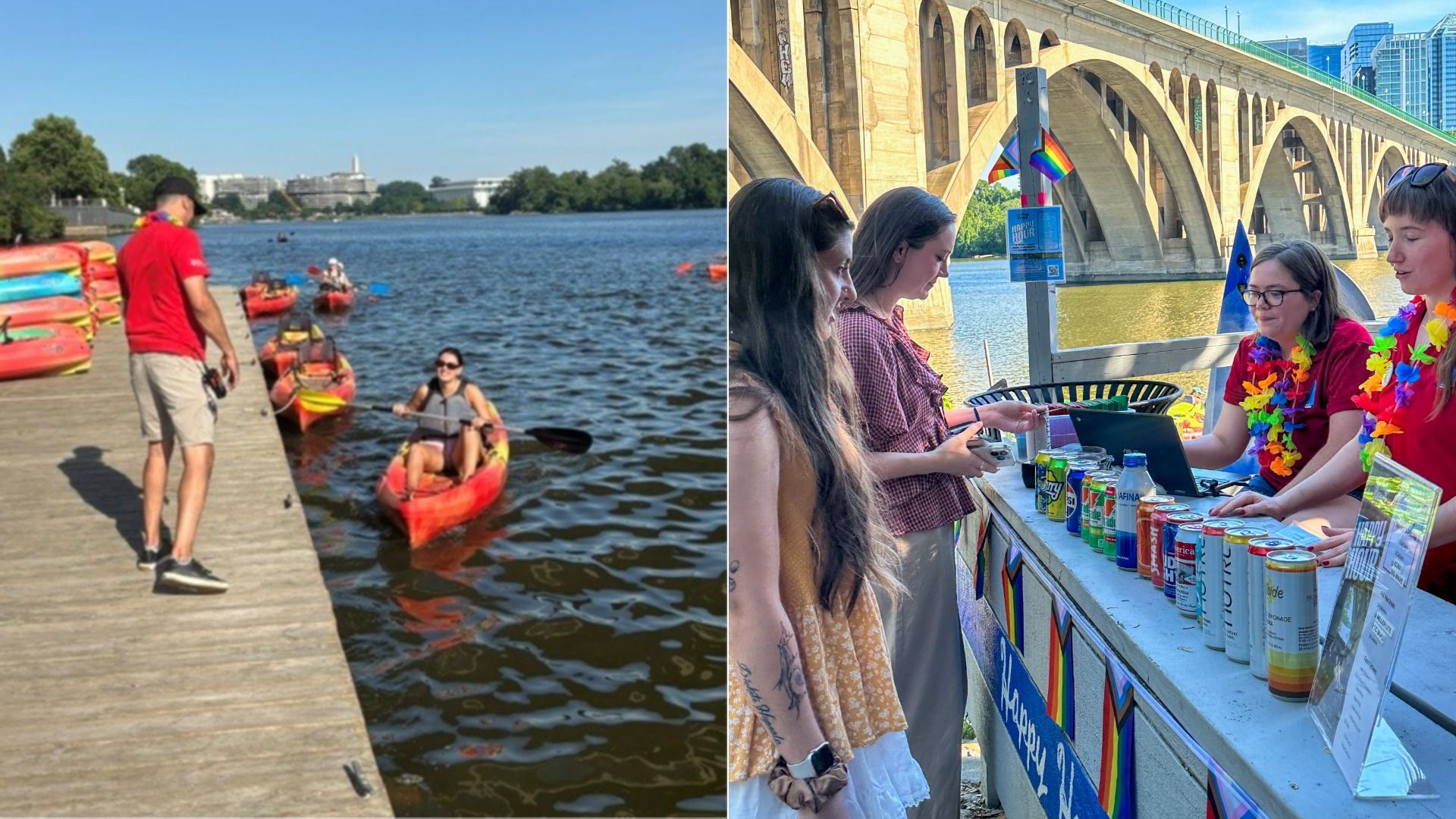 Split image: left shows a man in a red shirt on a wooden dock by the river with kayaks; right shows a rainbow-decorated drinks booth with people lined up under a large arched bridge.