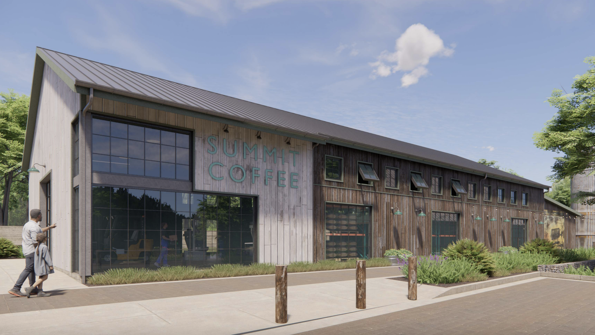 Modern wooden coffee shop with a tall glass front and a turquoise "SUMMIT COFFEE" sign; a couple walks on the left sidewalk, greenery along the building, and a blue sky with a small cloud.