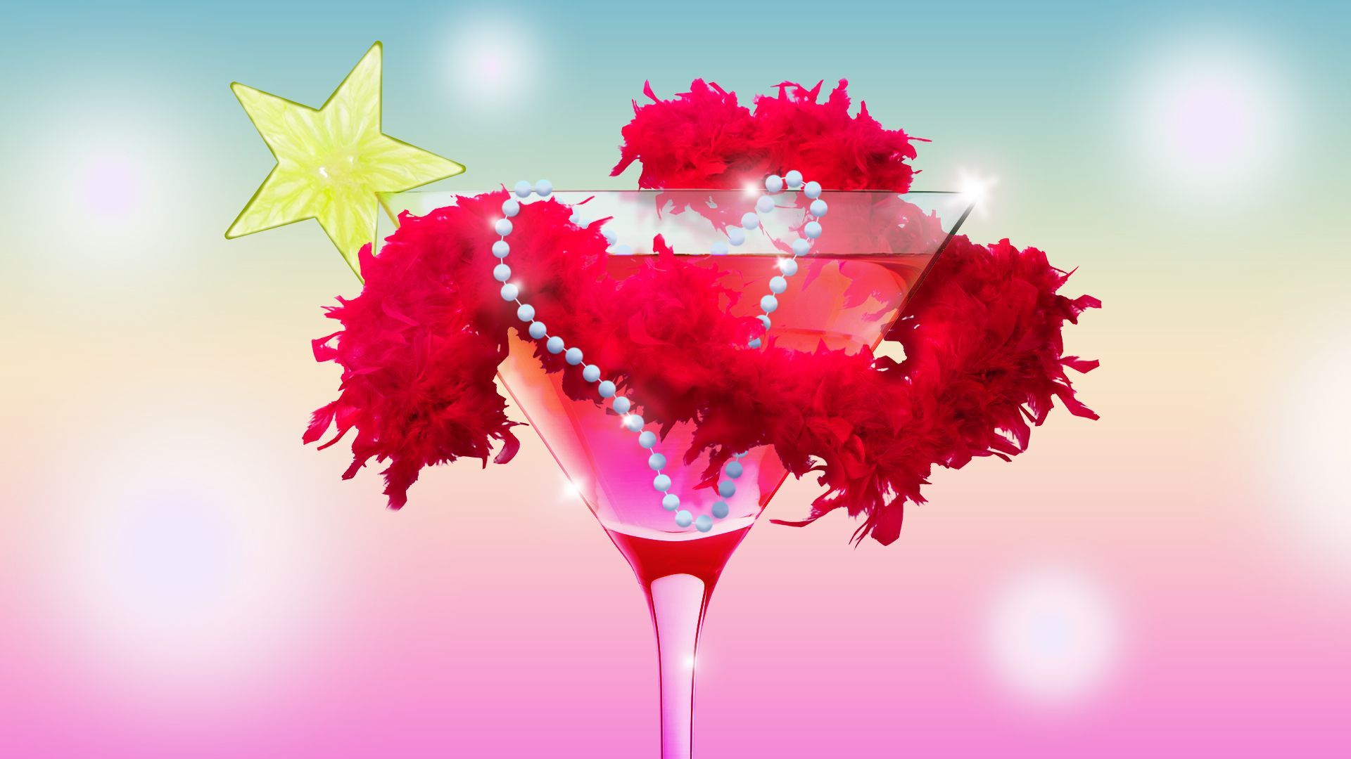 Illustration of a cocktail with a star-shaped lime, pearls, and a boa 