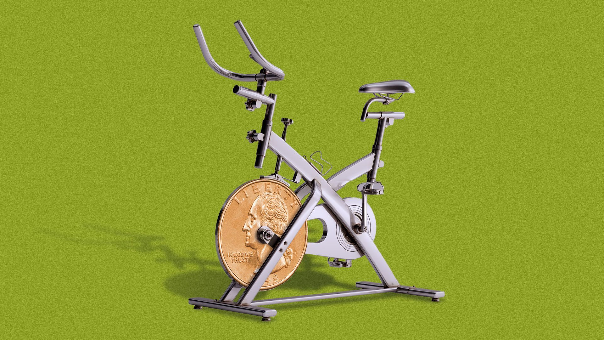 Illustration of an exercise bike with a quarter for a wheel