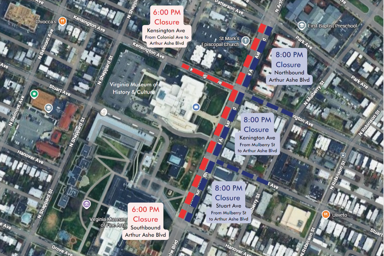 a map of closures around arthur ashe