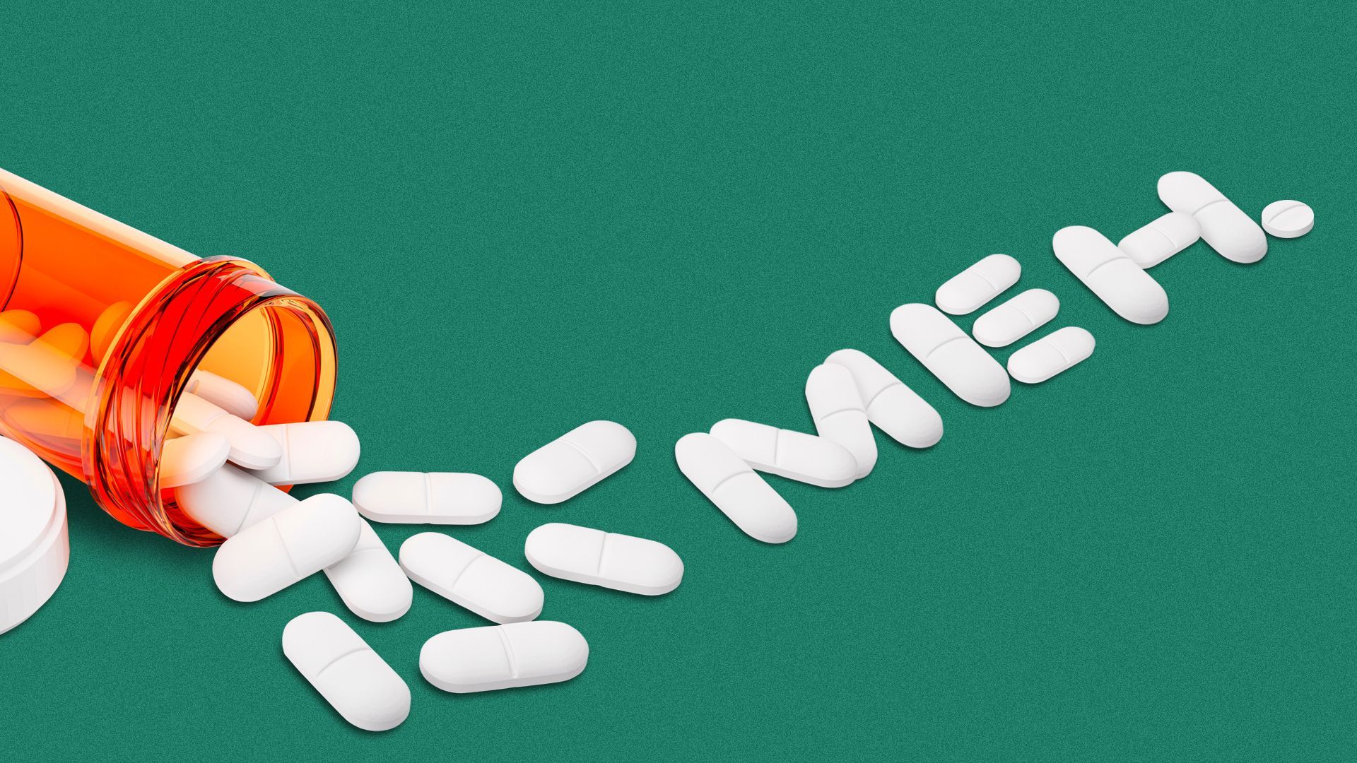 Illustration of a bottle of overturned pills spelling out the word "meh"