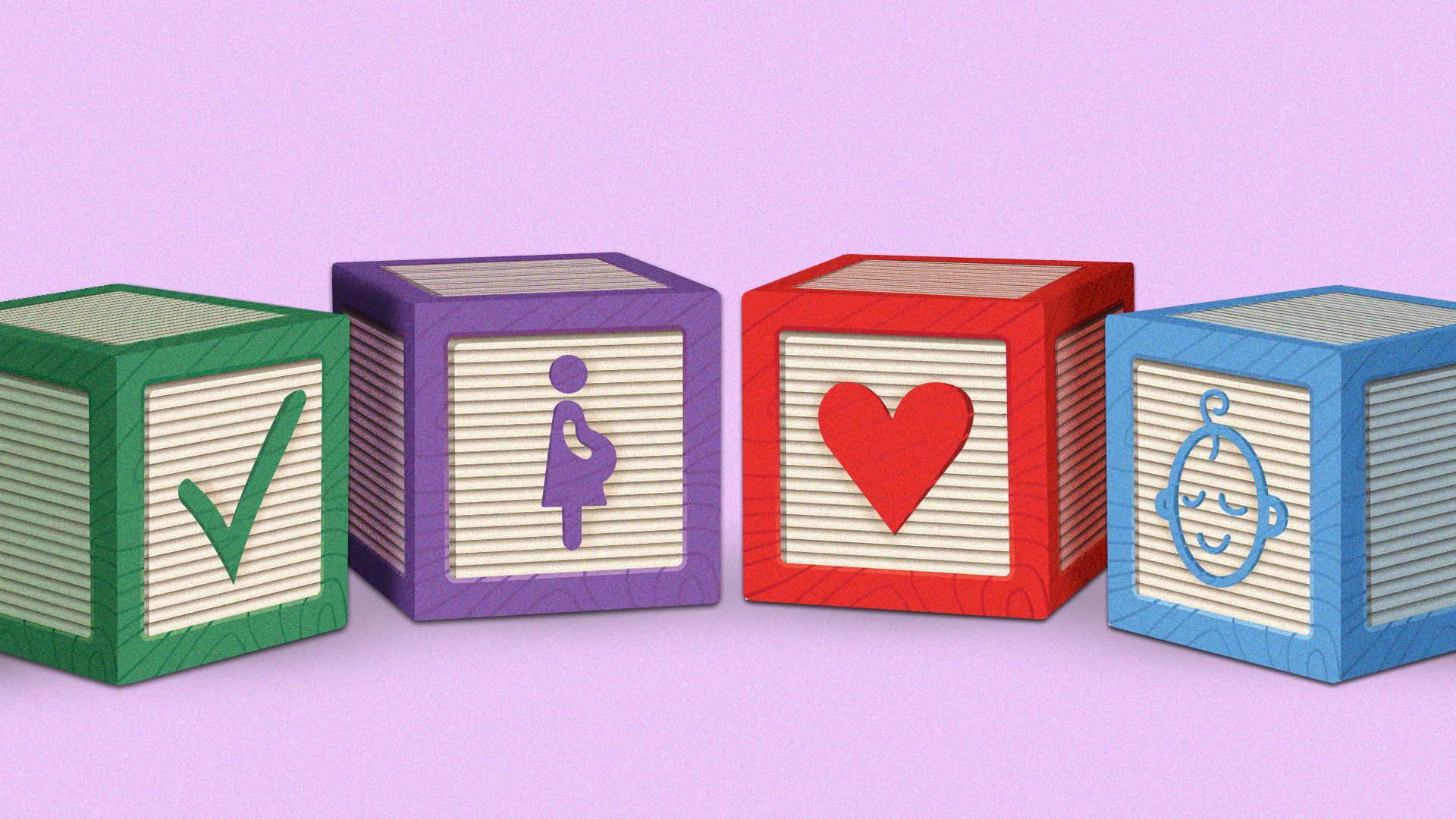 Illustration of four toy blocks with symbols of a check mark, a pregnant person, a heart, and a baby.