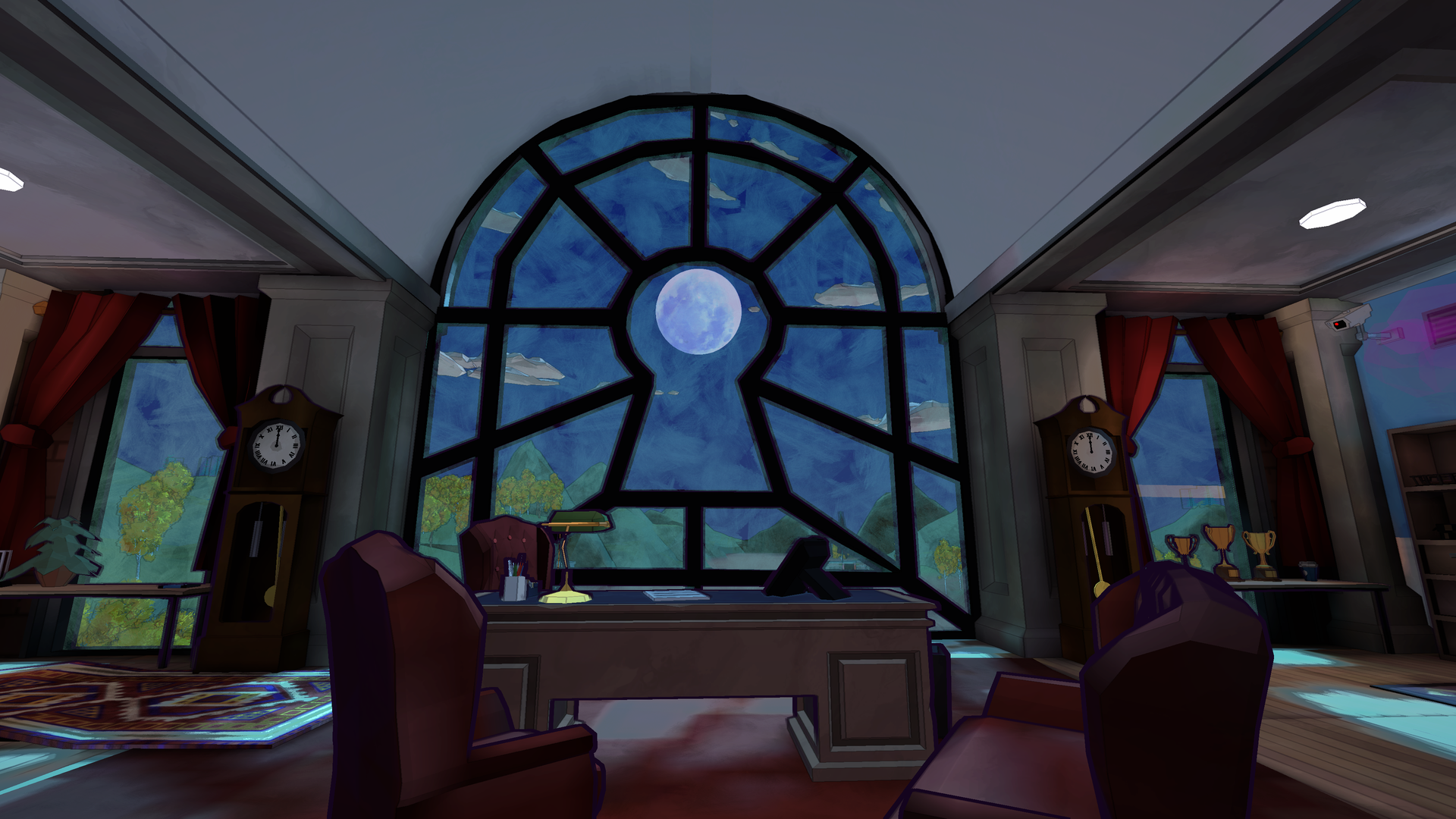 Video game screenshot of a room with a desk and a large window that has panes  that take the shape of a keyhole