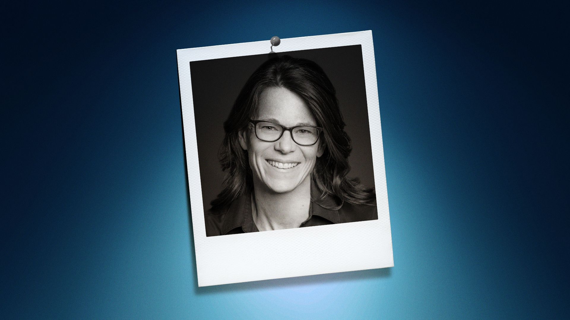 Photo illustration of Susan Schulten in a polaroid on a blue background. 