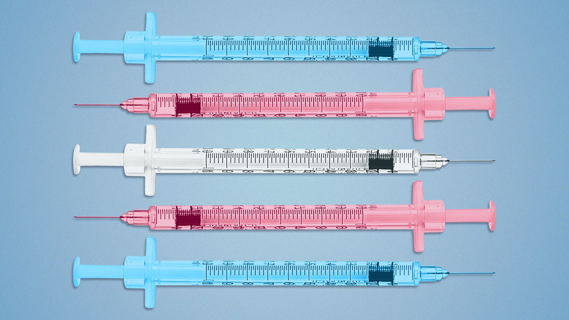 Illustration of 5 syringes in the colors of the trans flag.
