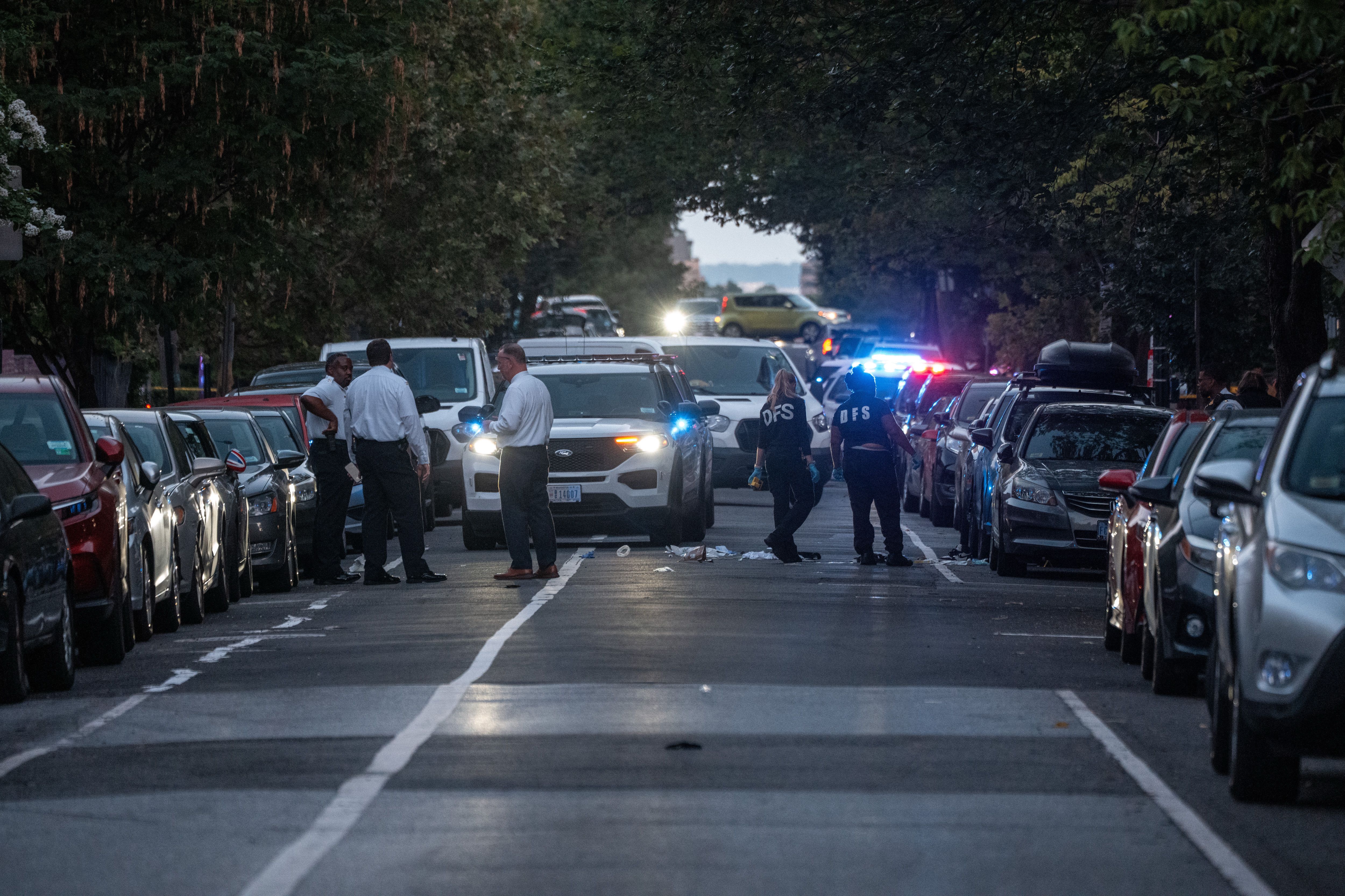 Police and DFS officers stand near a white SUV with flashing lights on a street lined with parked cars and trees during dusk, investigating an incident with scattered debris on the road.