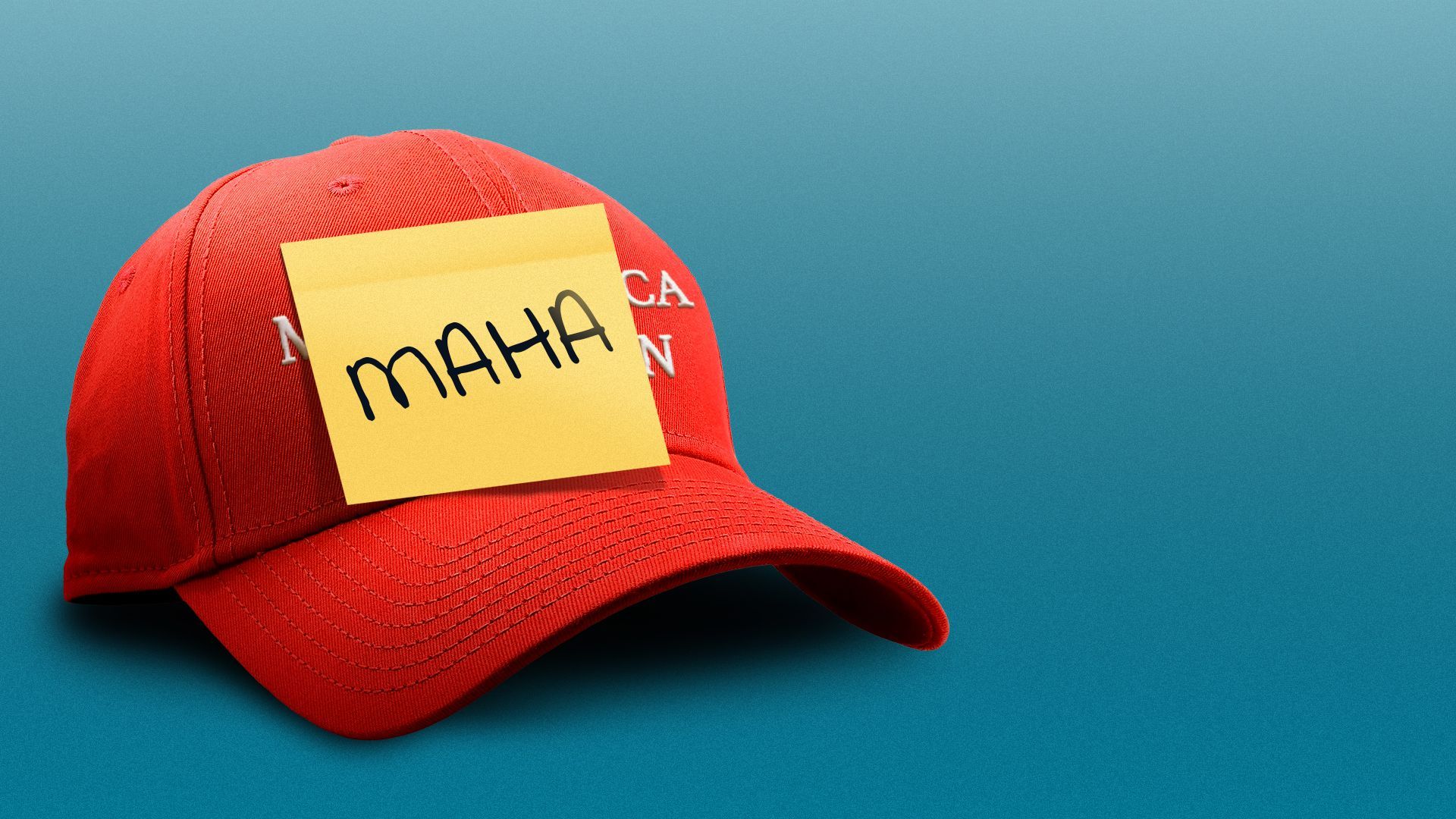 Illustration of a Make America Great Again hat with a sticky note on it that reads "MAHA"
