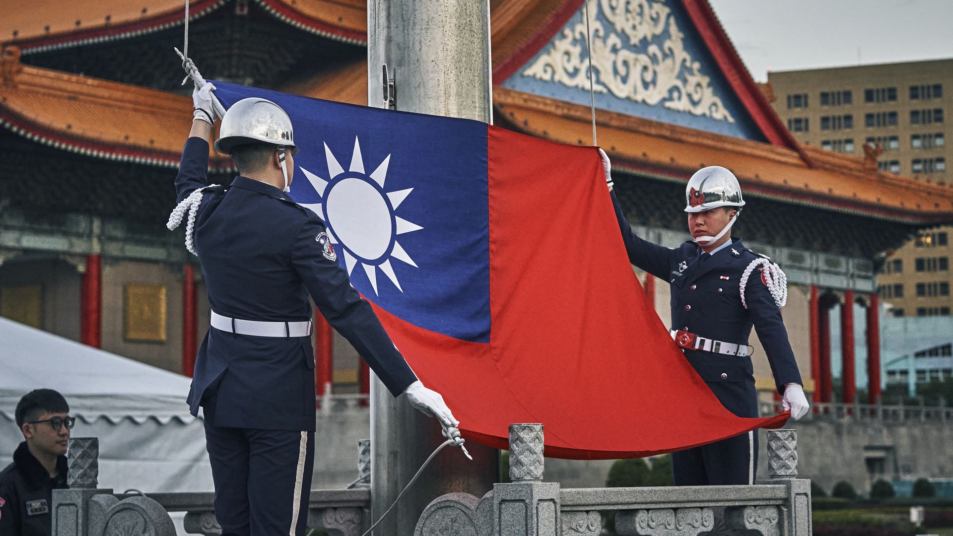 An honor guard during a flag raising ceremony at Chiang Kai Shek Memorial Hall in Taipei, Taiwan, on Wednesday, Dec. 27, 2023. 