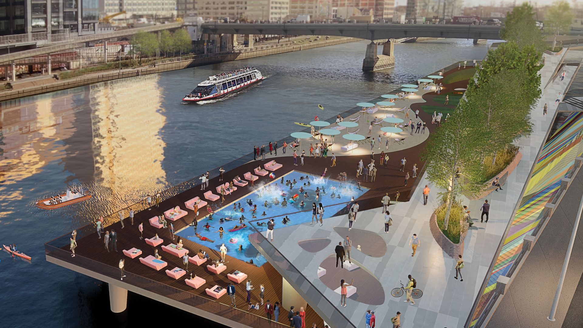 A rendering of a West Philadelphia project with a pool and beach