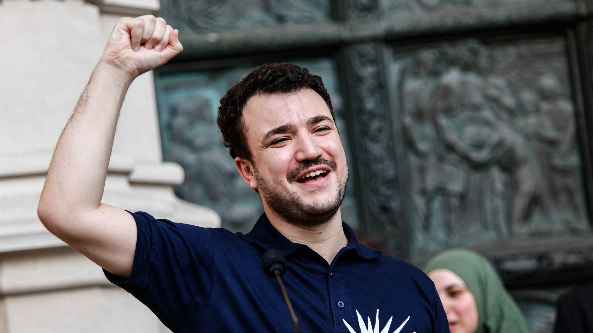 Mahmoud Khalil reacts at a press conference outside the Cathedral of St. John the Divine in New York on June 22, 2025. Khalil, one of the most prominent leaders of US pro-Palestinian campus protests, pledged on June 21 to keep campaigning after he was released from a federal detention center. Khalil