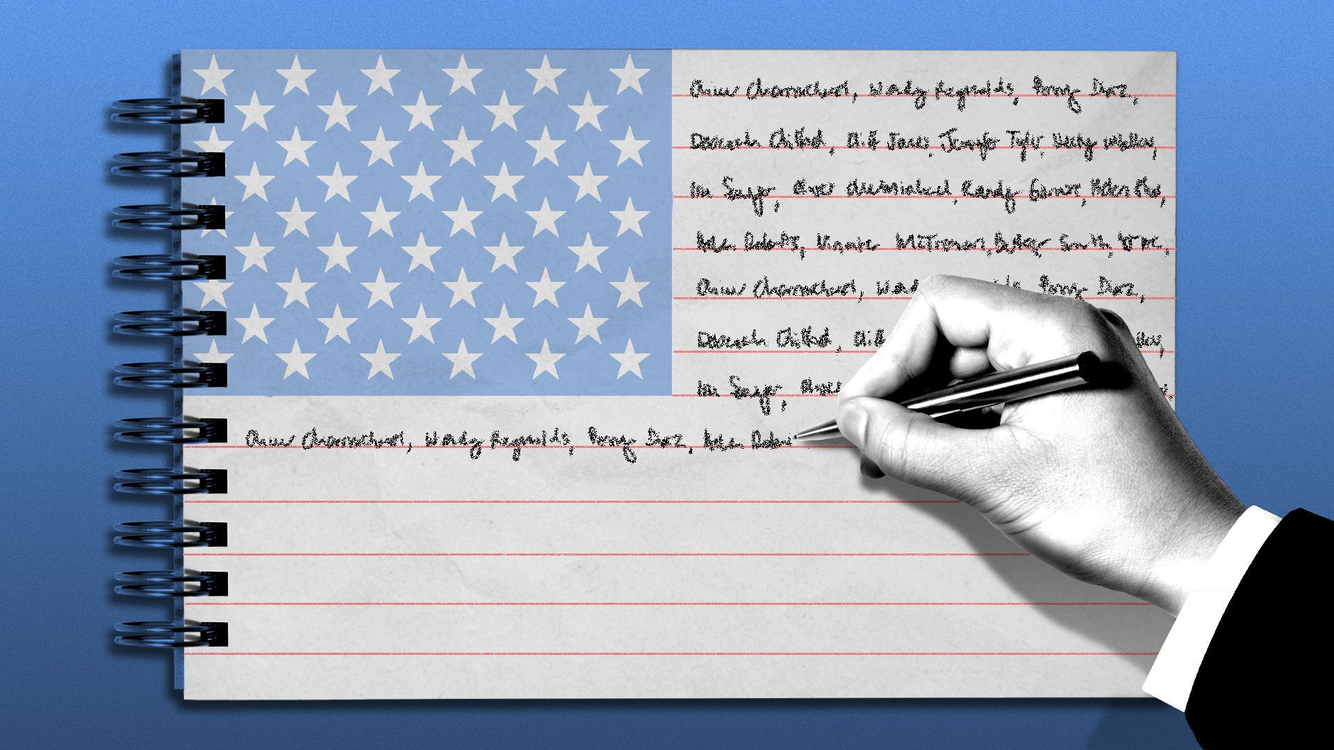 Illustration of a United States flag-shaped spiral notebook with a hand writing names in it