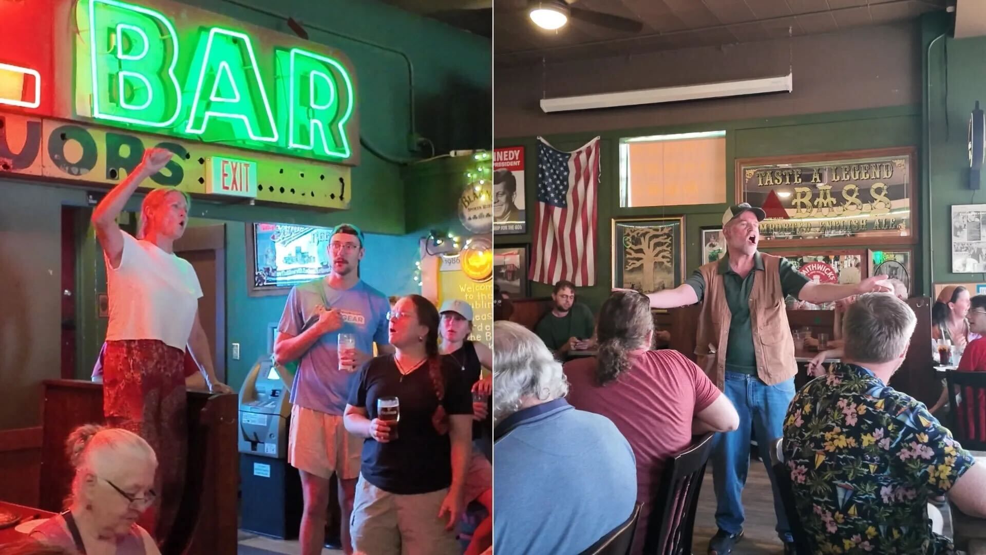 Split image of two bar scenes: left side shows a woman standing near a green neon "BAR" sign with others holding drinks; right side shows a man singing to seated patrons with an American flag on wall.