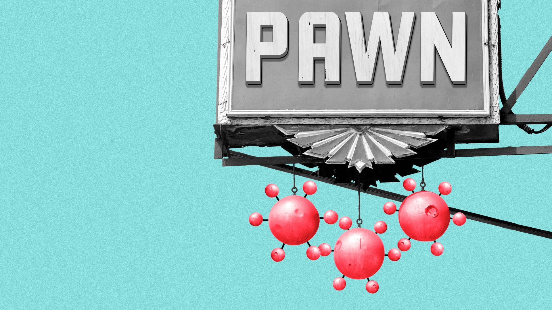 Illustration of a pawn shop sign with covid particles as the pawn symbol.