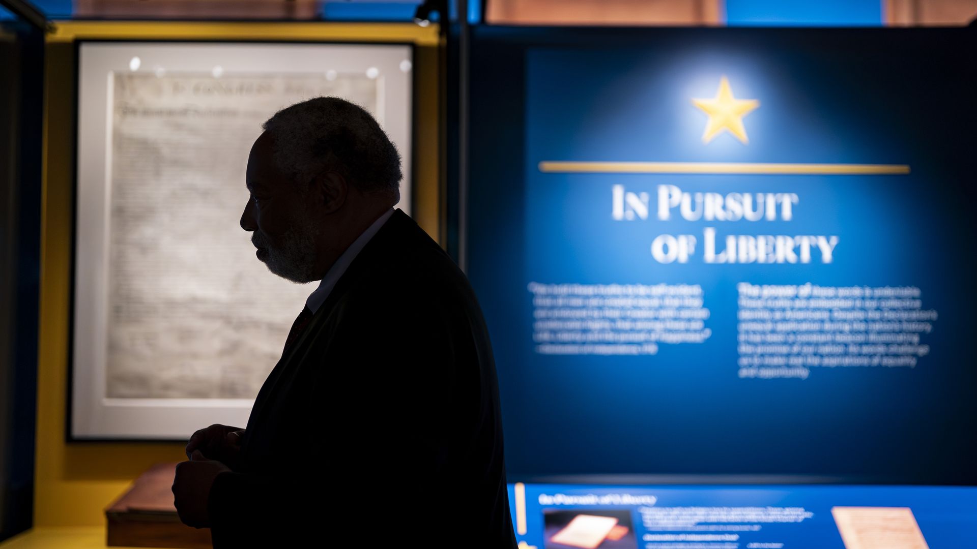A photograph of Lonnie Bunch's profile, in a shadow, as he speaks near an exhibit that says "In Pursuit of Liberty."