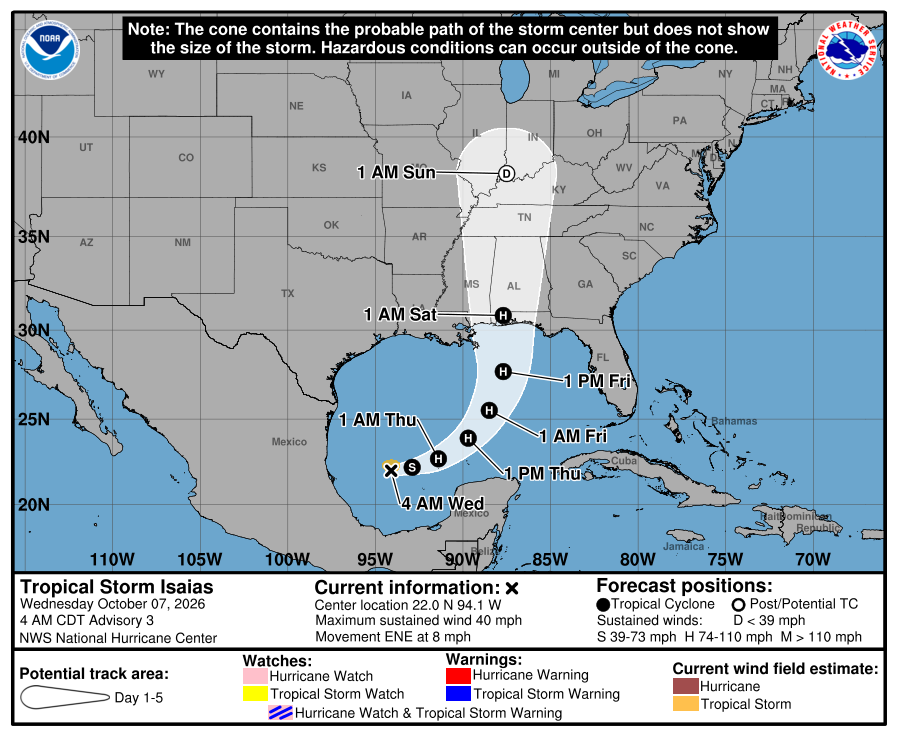The forecast cone for Tropical Storm Isaias as of Wednesday, Oct. 7, 2026.