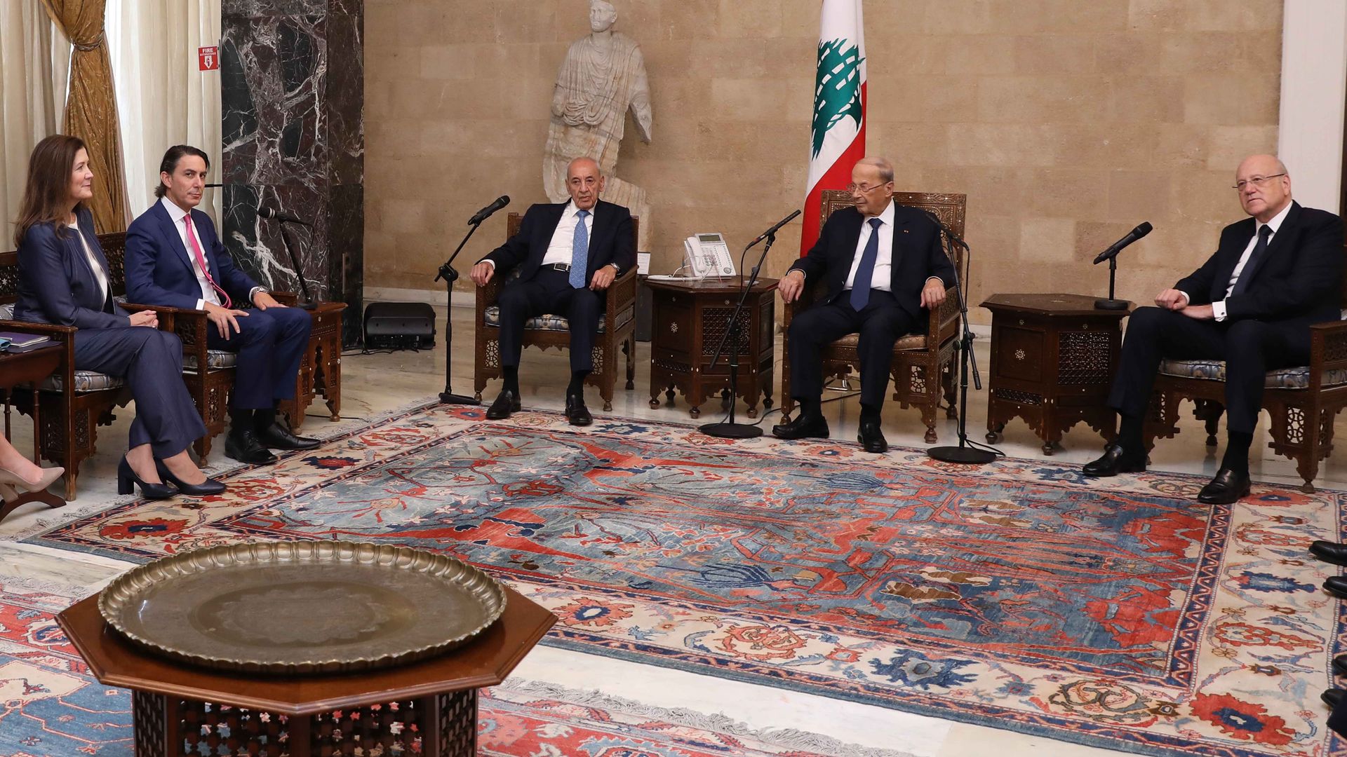 U.S. Senior Advisor for Energy Security Amos Hochstein (2nd L) meets with Lebanese President Michel Aoun (2nd R), Lebanese Prime Minister Najib Mikati (R) and Lebanese Parliament Speaker Nabih Berri