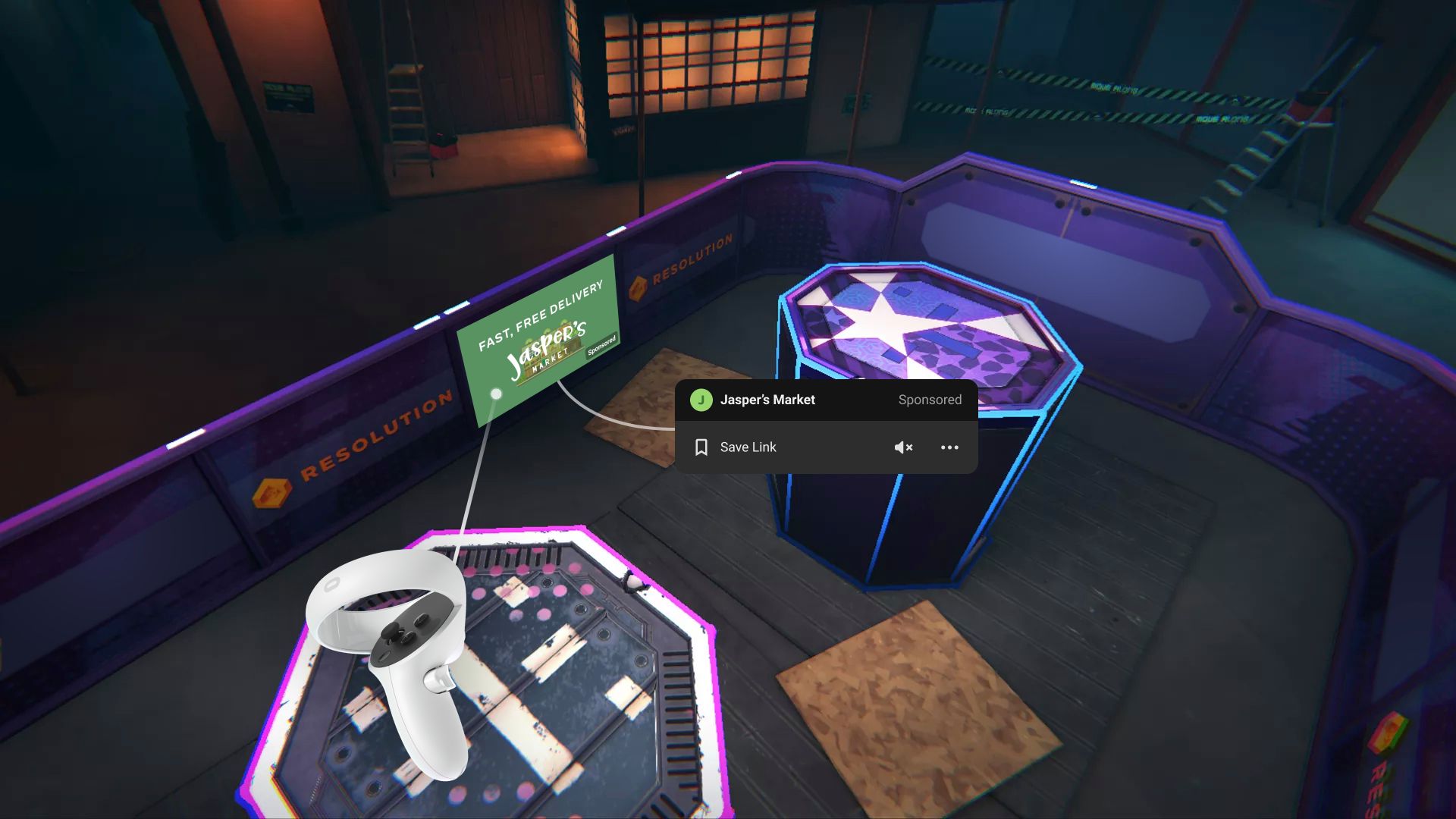 Screenshot of a Facebook VR environment with a green advertising sign