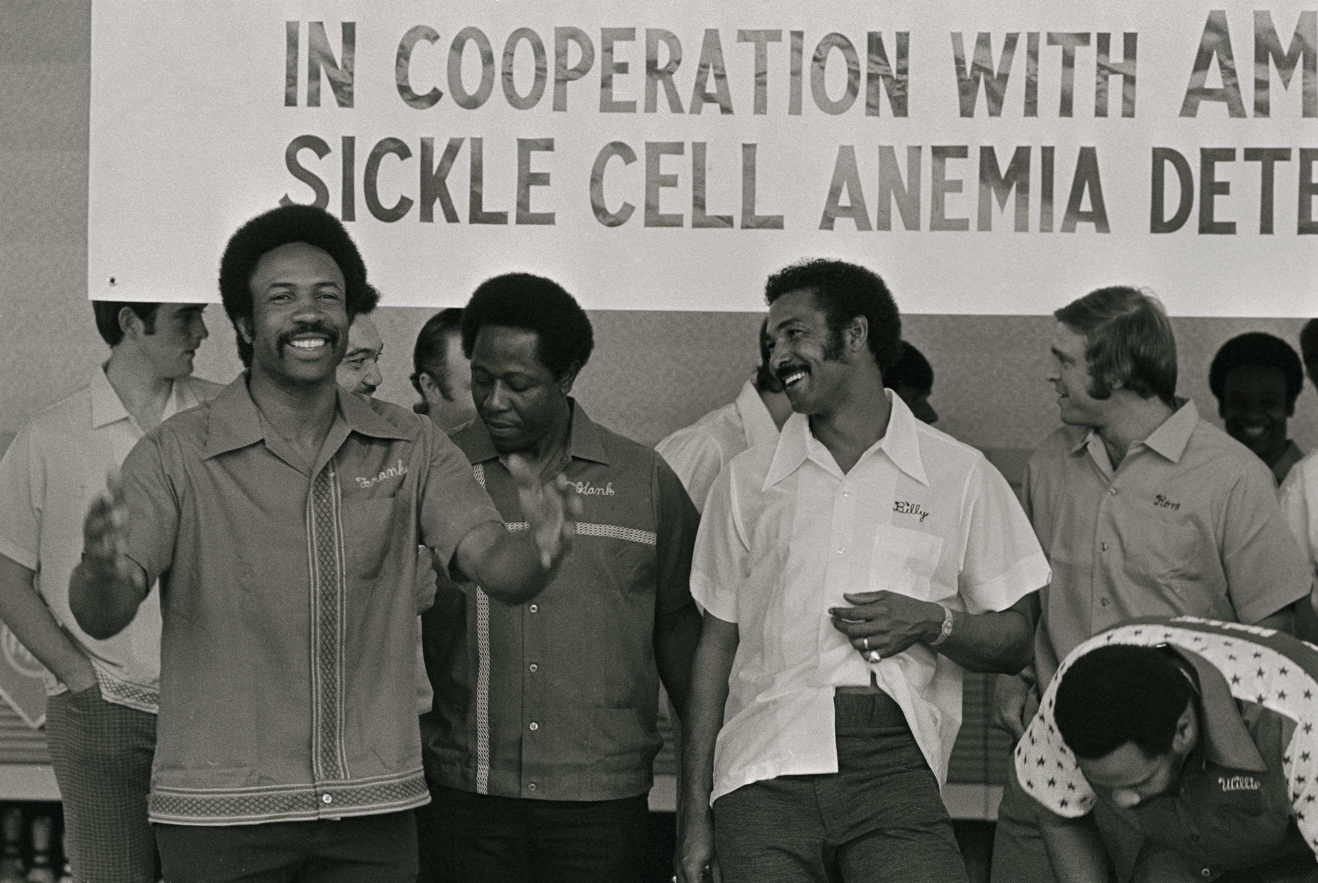 (Original Caption) Baseball super stars Frank Robinson (left), Hank Aaron (center) and Billy Williams clown around before bowling in a sports Pro-Am tourney in Atlanta. The event was to raise funds for research for the Sickle Cell Anemia Foundation. The Braves Hank Aaron headed the event.