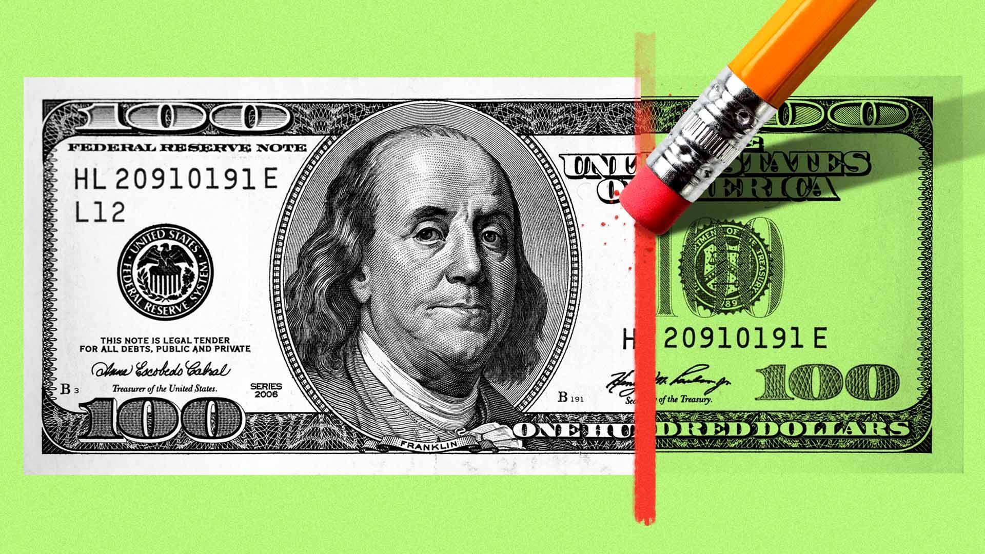 Illustration of a hundred dollar bill with a red line across it being erased by a pencil