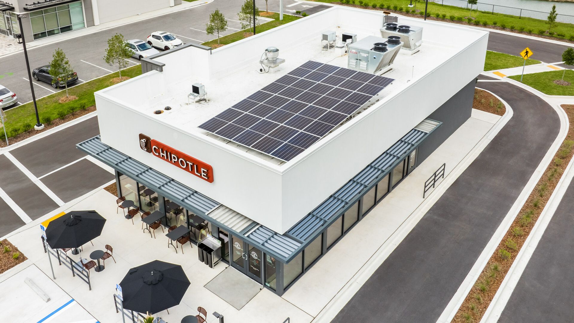 Chipotle restaurant location with solar panels on roof
